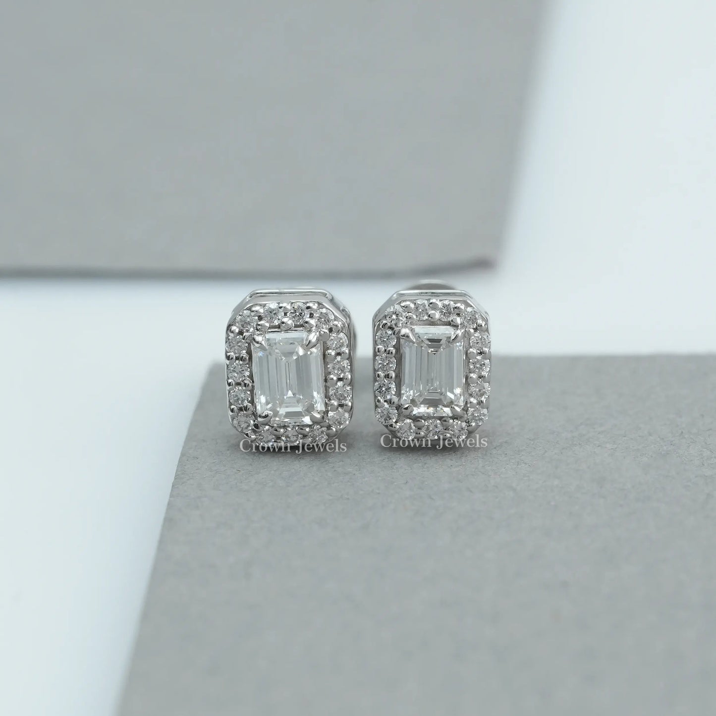 Emerald Cut Halo Stud Earrings
