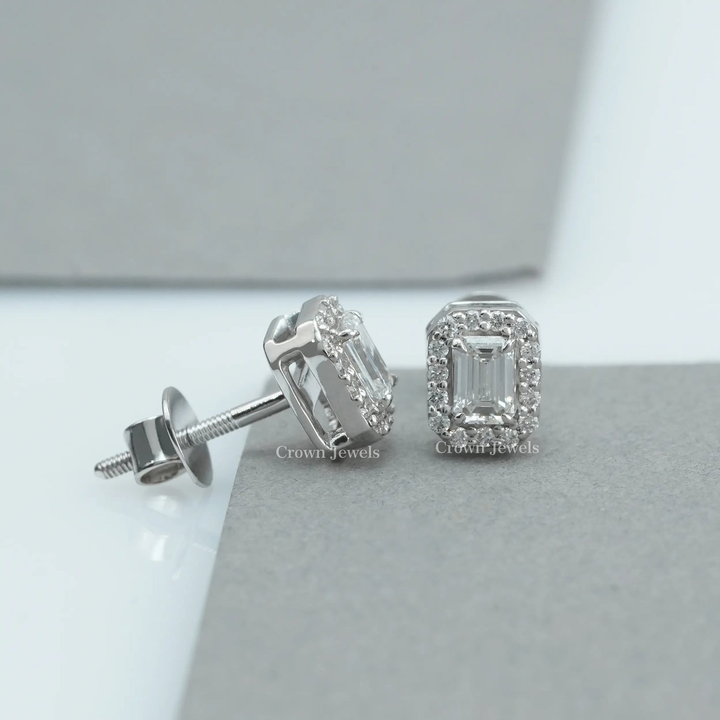 Emerald Cut Halo Stud Earrings