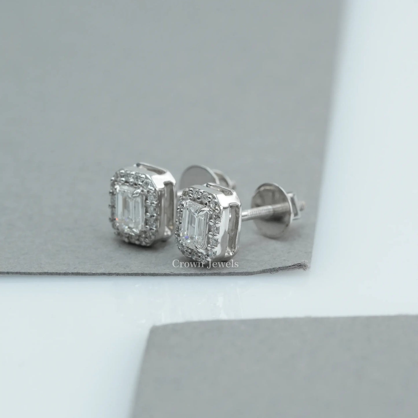 Emerald Cut Halo Stud Earrings