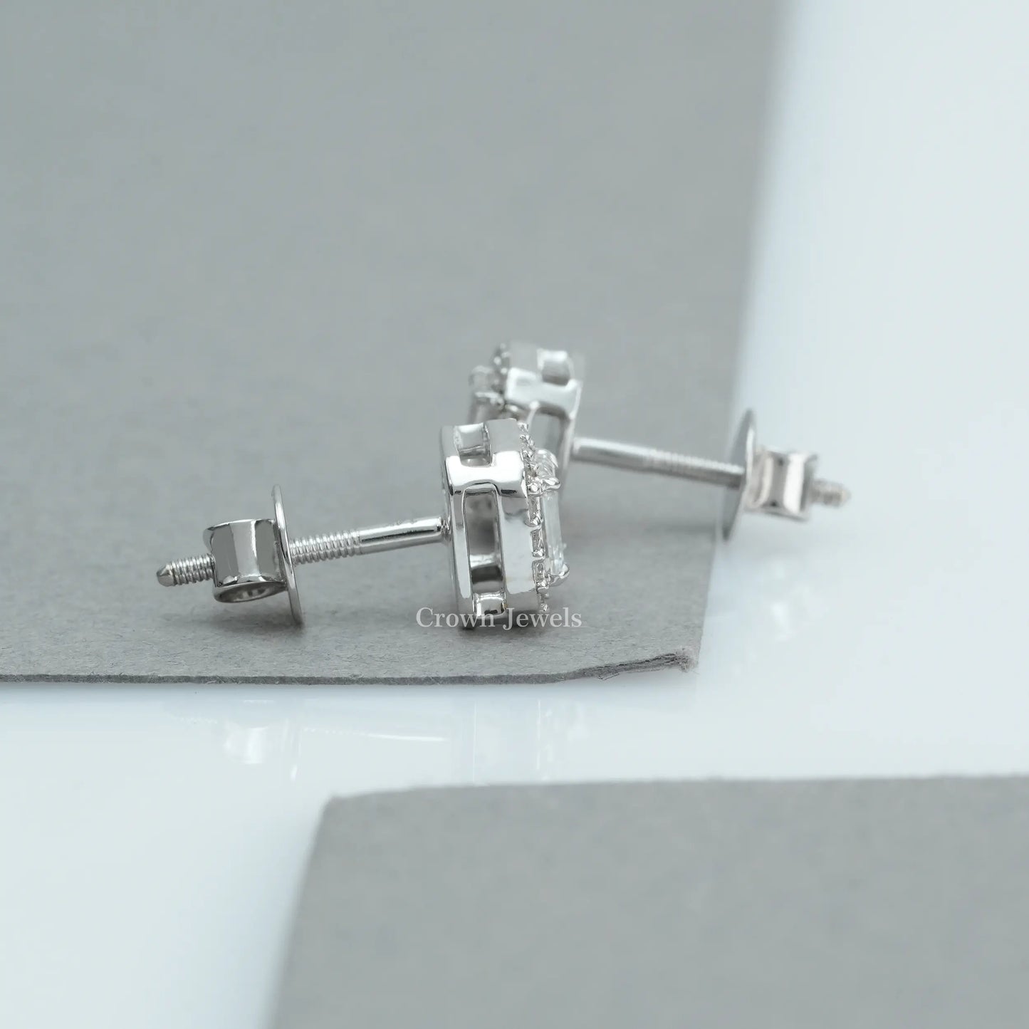 Emerald Cut Halo Stud Earrings