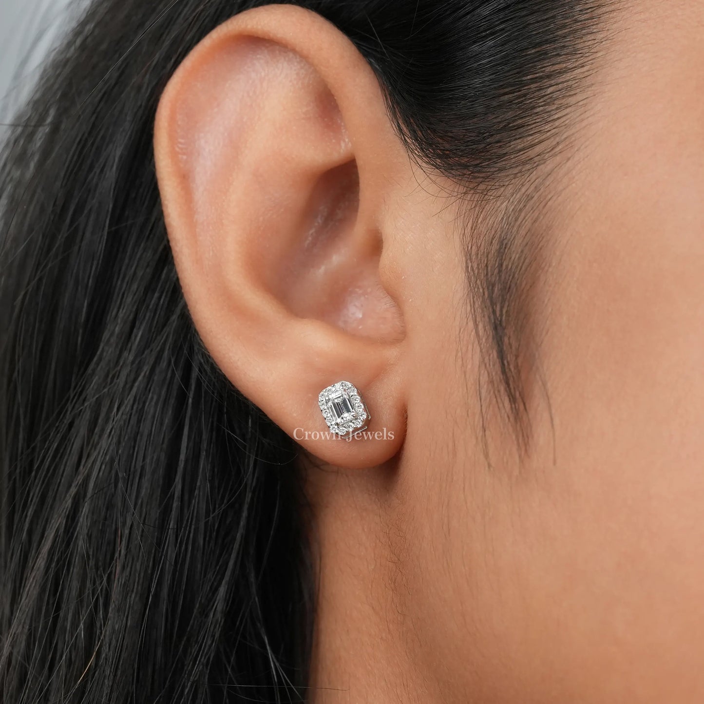 Emerald Cut Halo Stud Earrings
