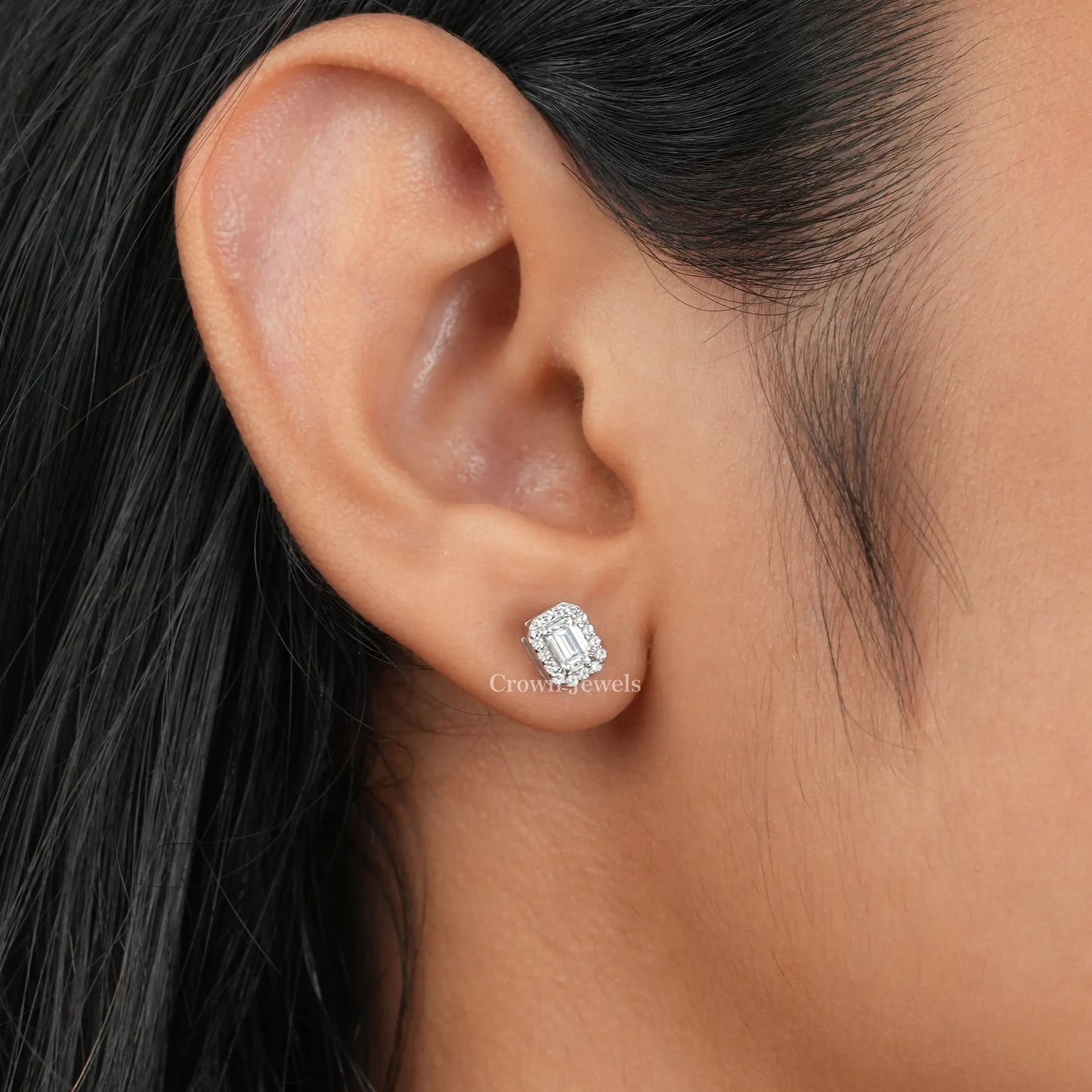 Emerald Cut Halo Stud Earrings