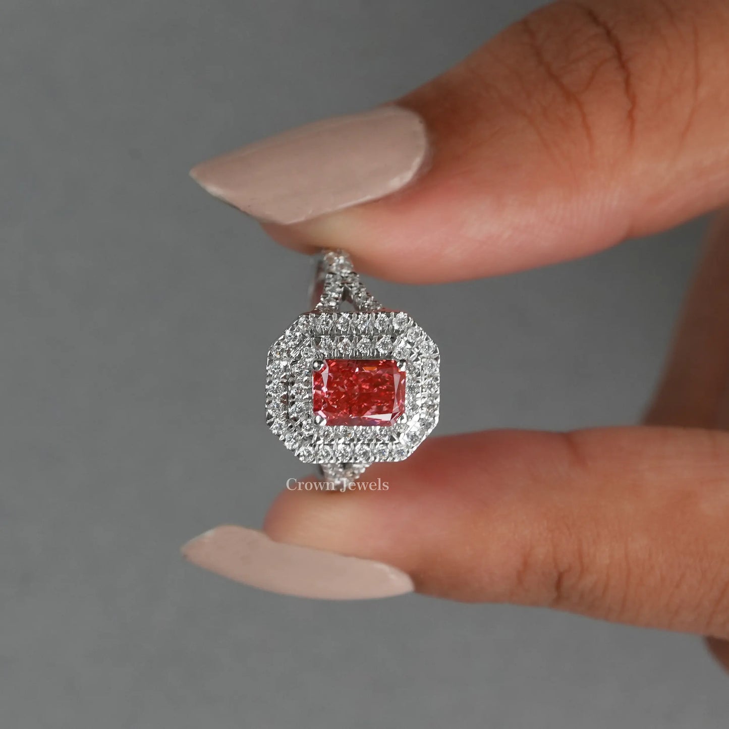 Pink Radiant Cut Double Halo Ring