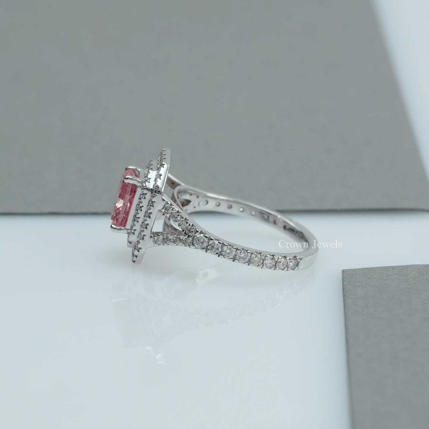 Pink Radiant Cut Double Halo Ring