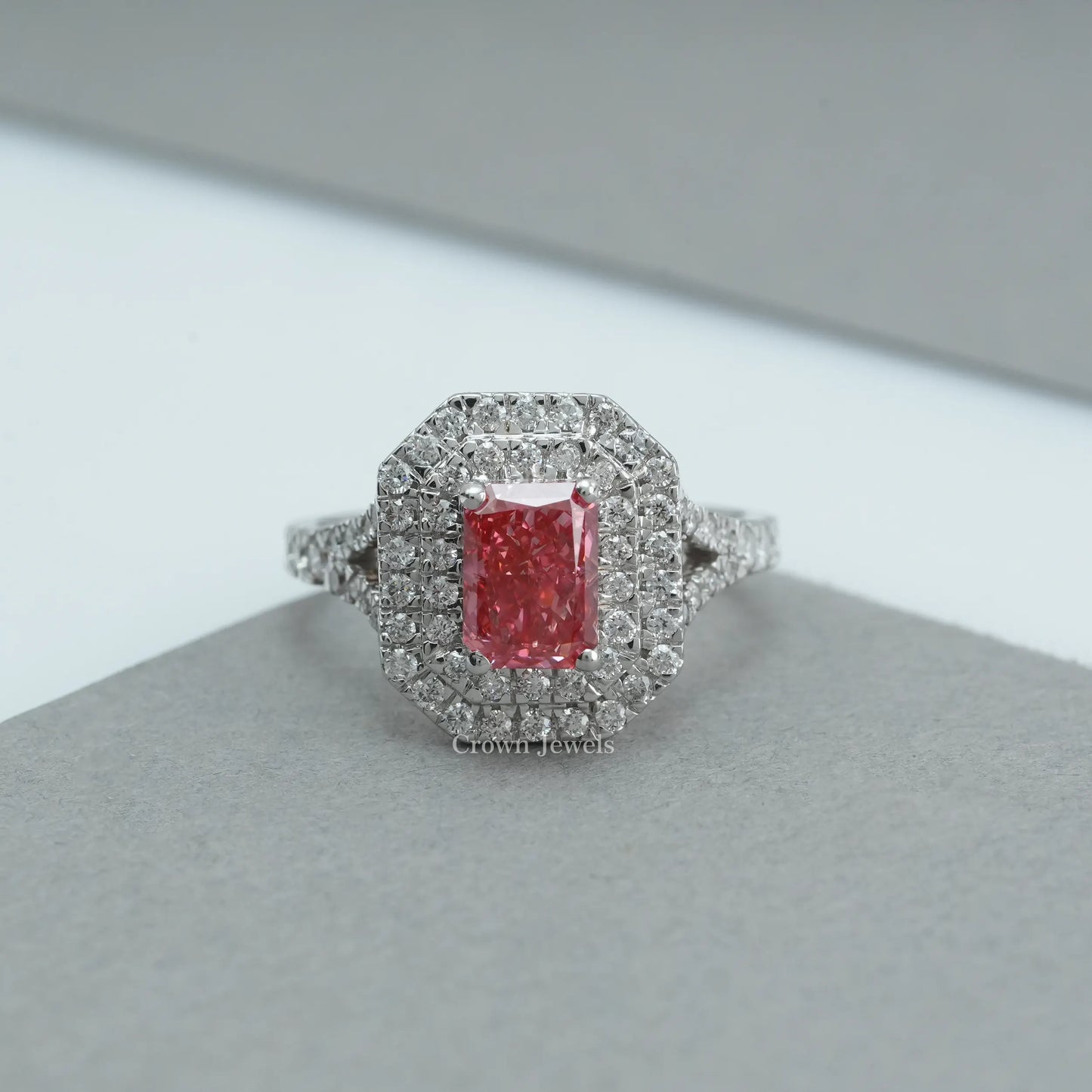 Pink Radiant Cut Double Halo Ring