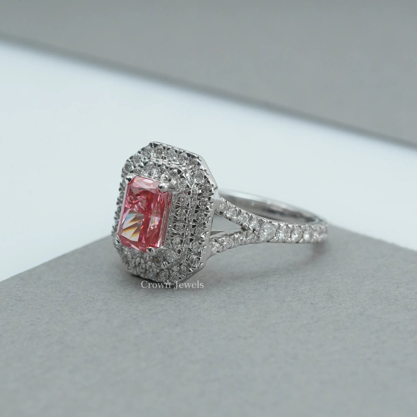 Pink Radiant Cut Double Halo Ring