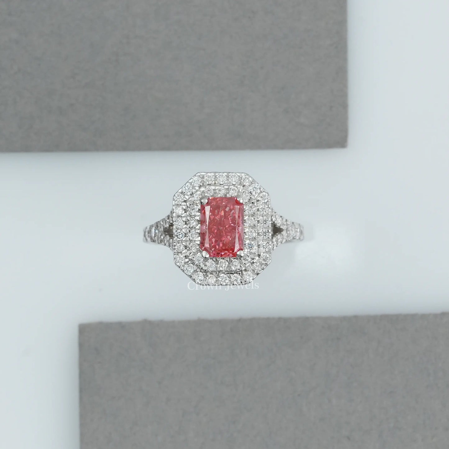 Pink Radiant Cut Double Halo Ring