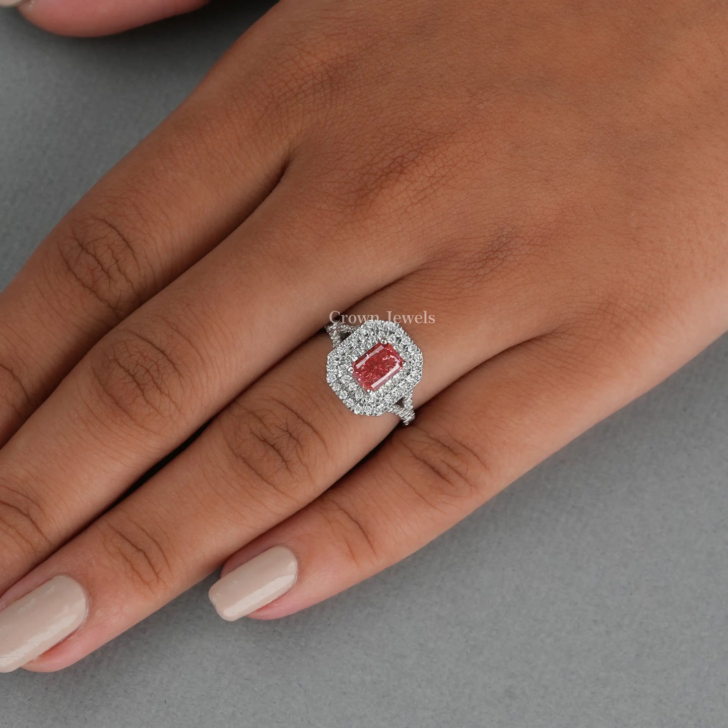 Pink Radiant Cut Double Halo Ring