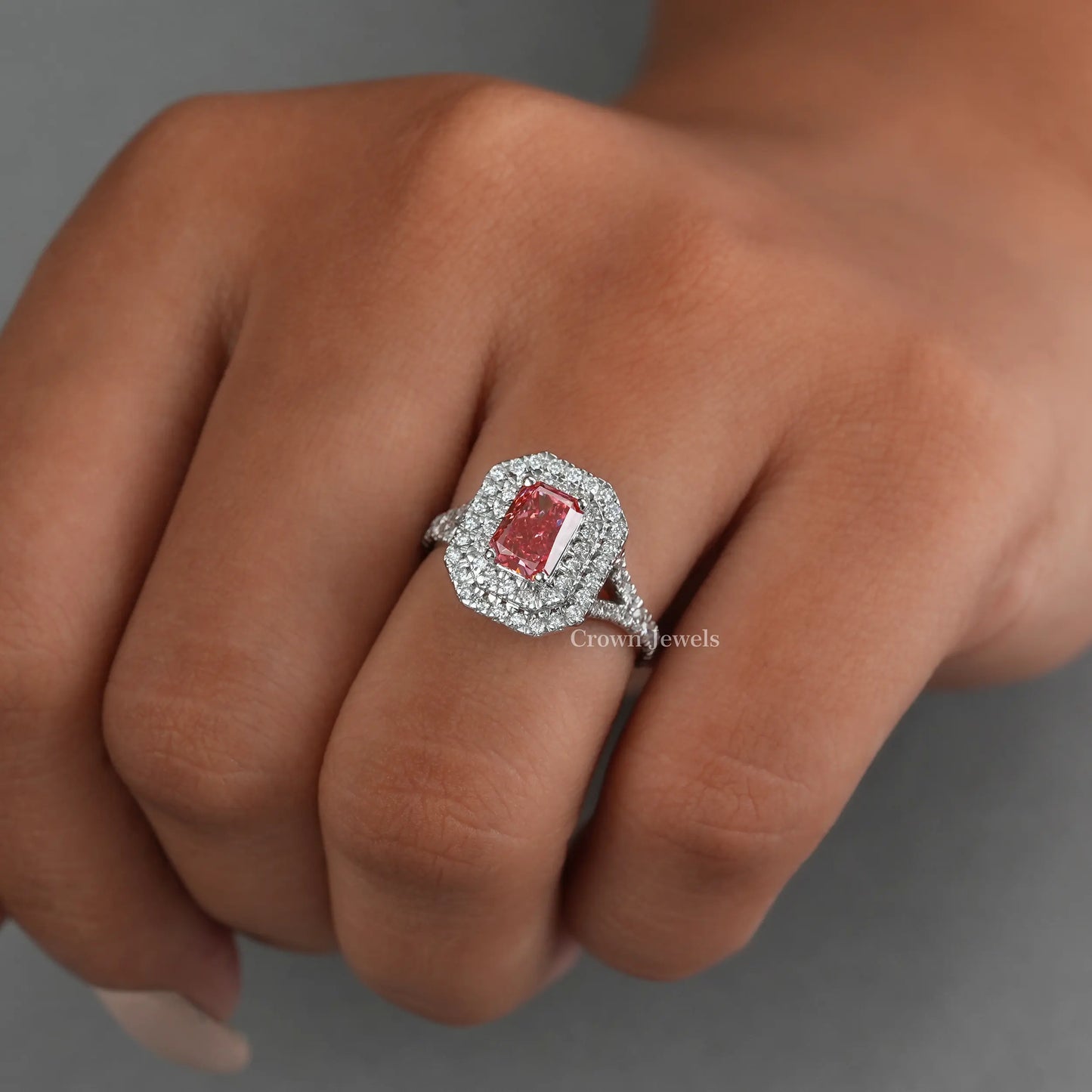 Pink Radiant Cut Double Halo Ring