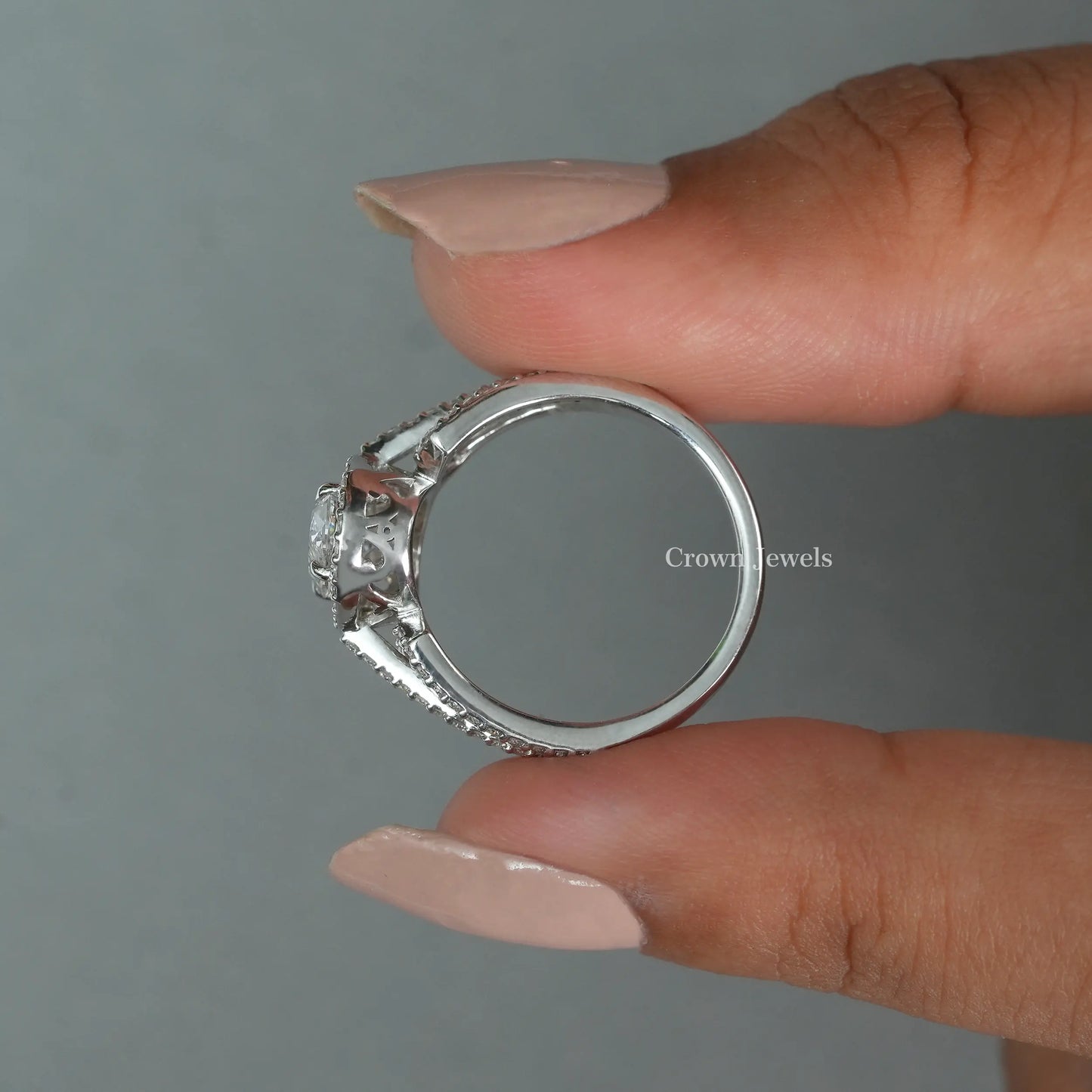 Oval Cut Halo Diamond Triple Shank Engagement Ring