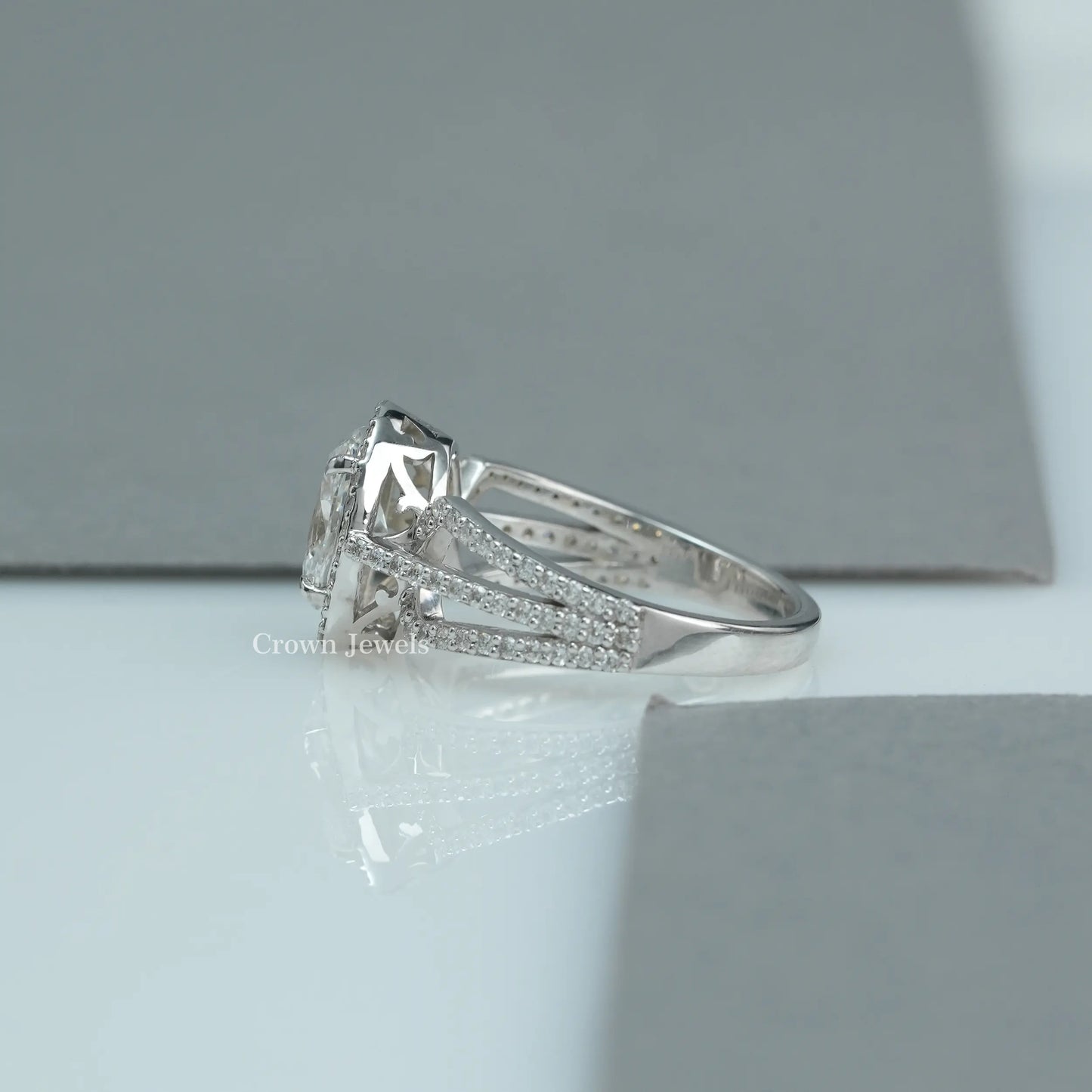 Oval Cut Halo Diamond Triple Shank Engagement Ring