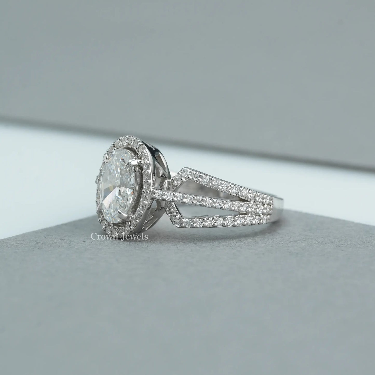 Oval Cut Halo Diamond Triple Shank Engagement Ring