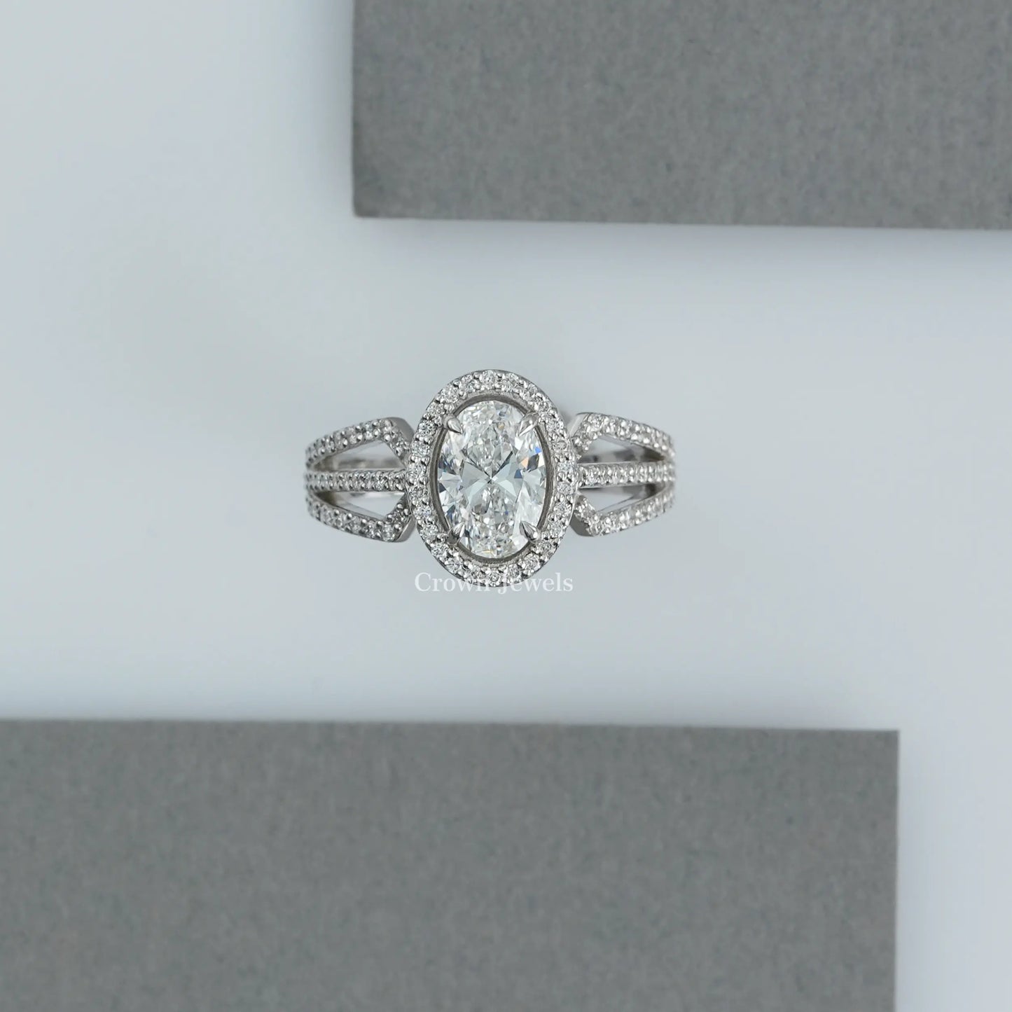 Oval Cut Halo Diamond Triple Shank Engagement Ring