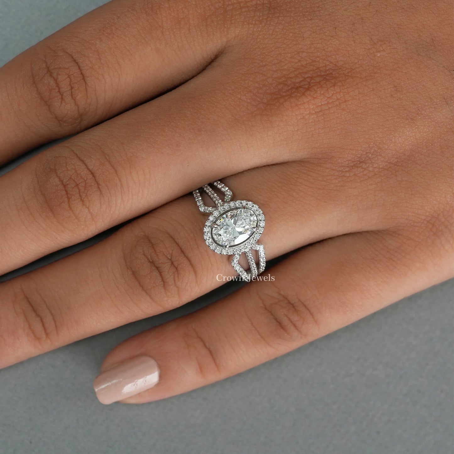 Oval Cut Halo Diamond Triple Shank Engagement Ring