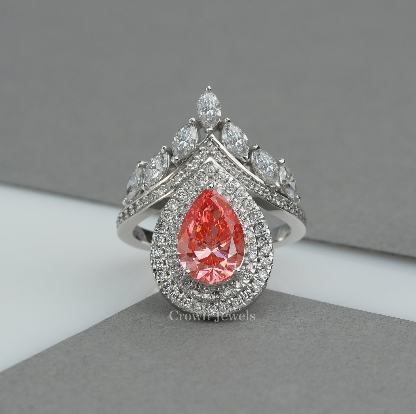 Pink Pear Dimaond Double Halo Bridal Ring