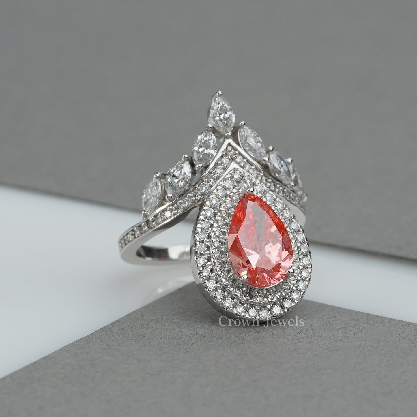 Pink Pear Dimaond Double Halo Bridal Ring