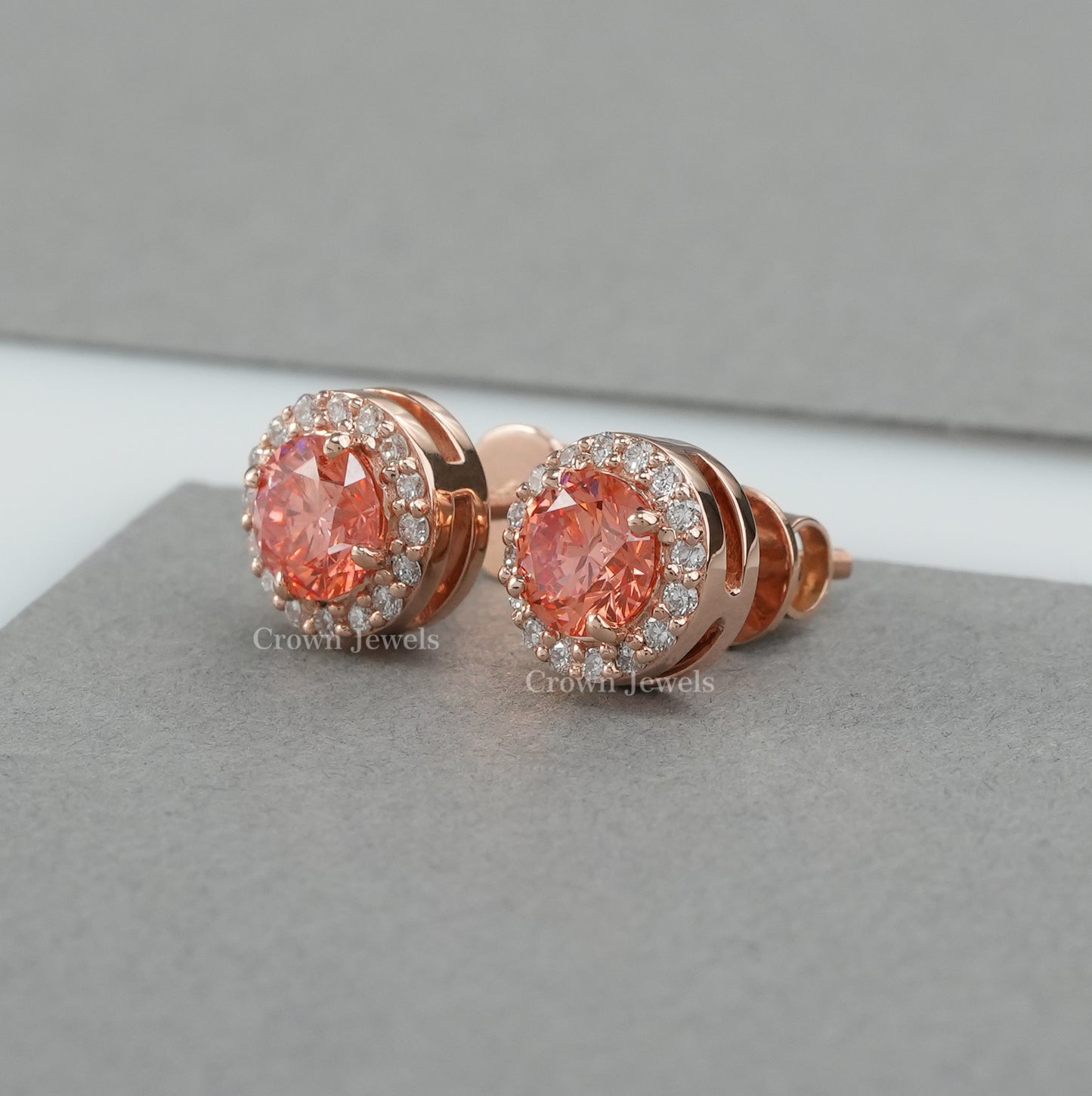 Pink Round Diamond Halo Stud Earrings