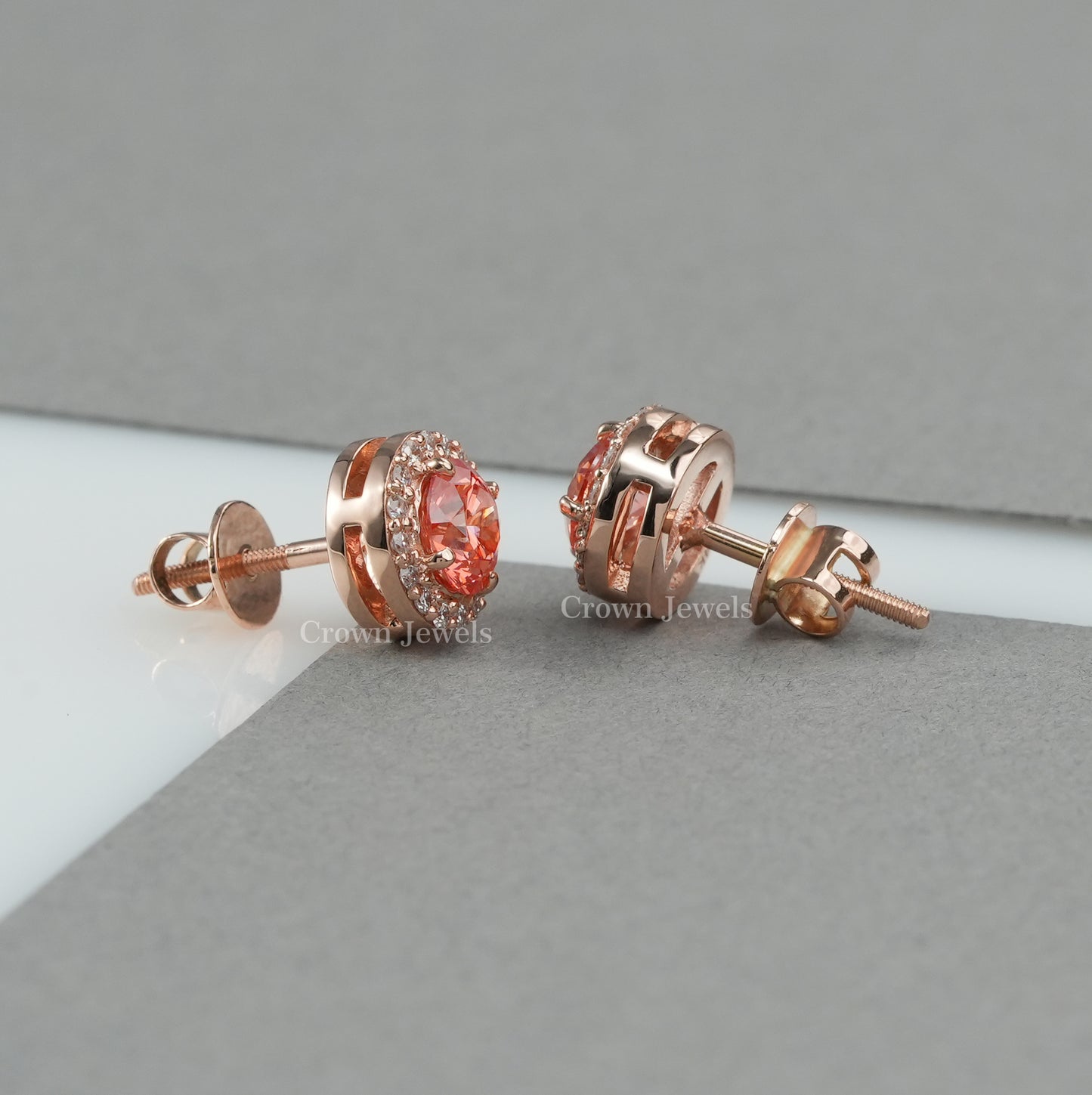 Pink Round Diamond Halo Stud Earrings