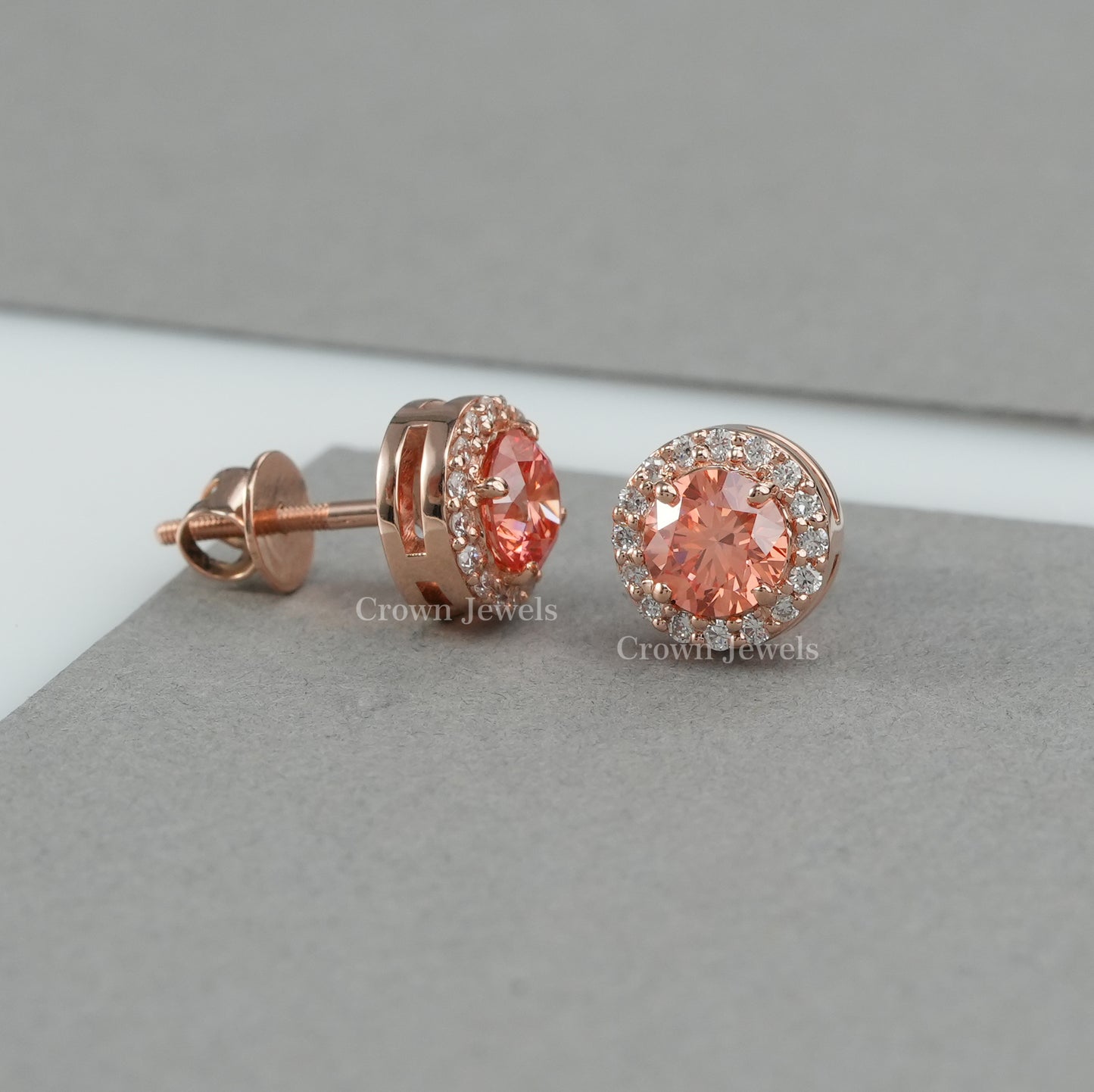 Pink Round Diamond Halo Stud Earrings