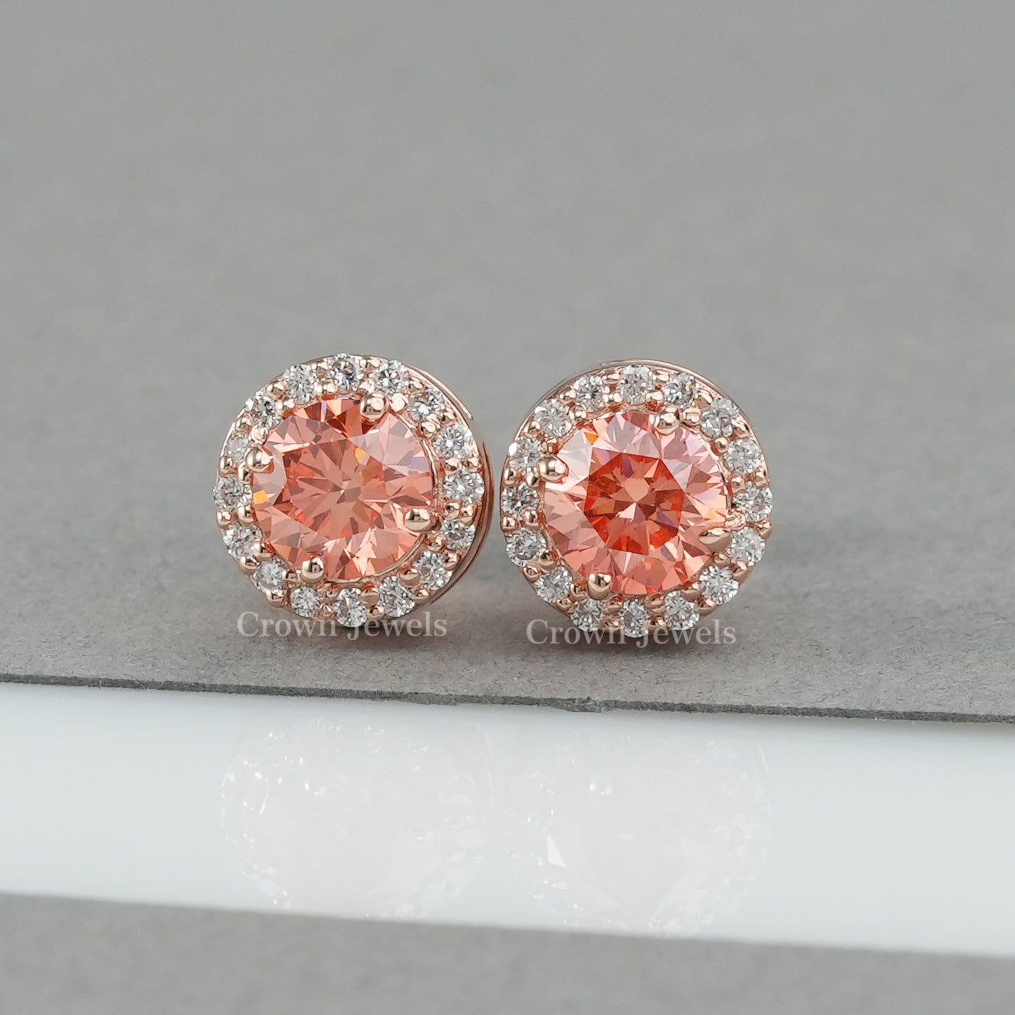 Pink Round Diamond Halo Stud Earrings