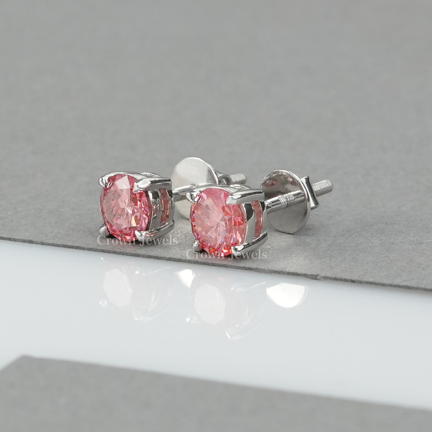 Pink Round Diamond Stud Earrings