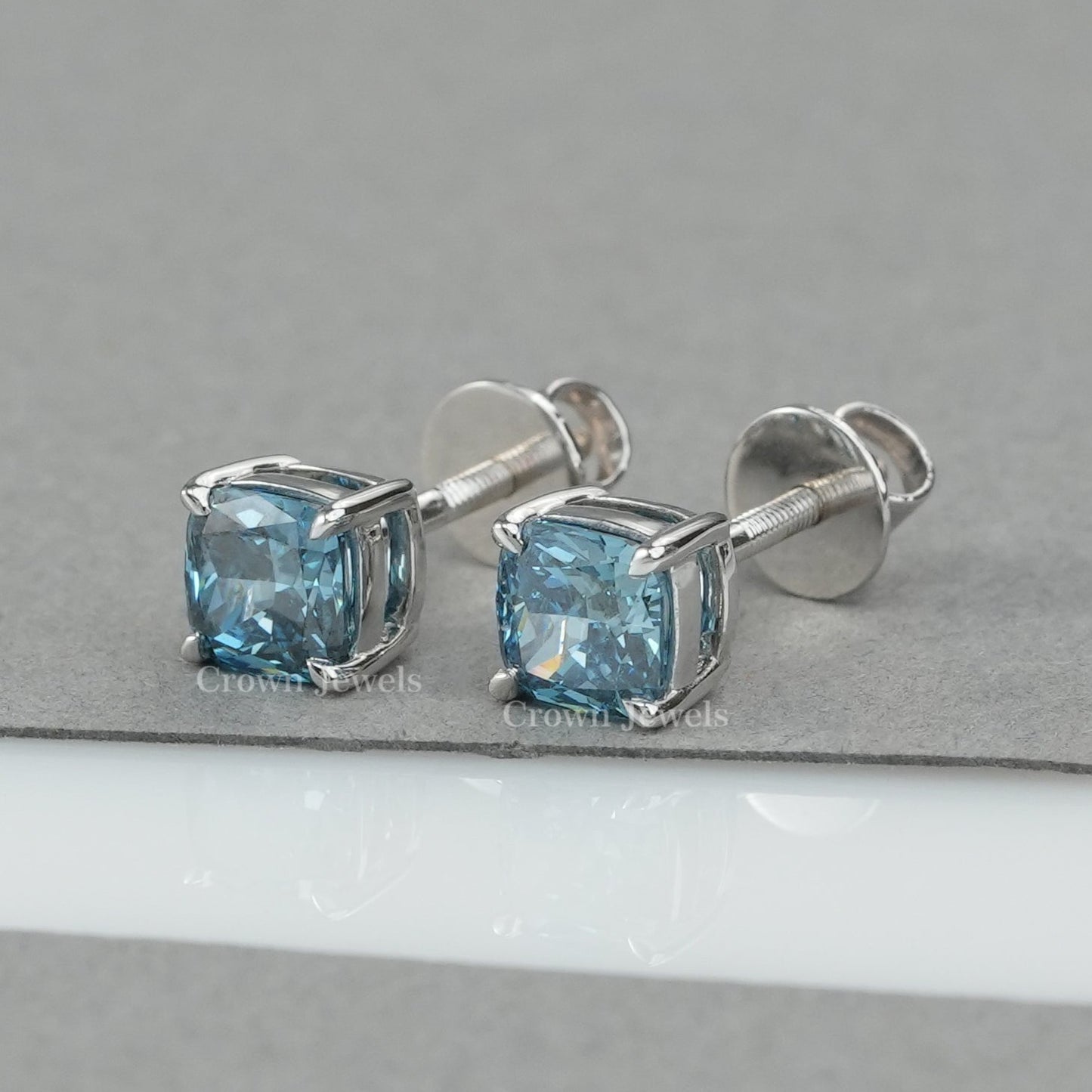 Blue Cushion Cut Lab Diamond Stud Earrings