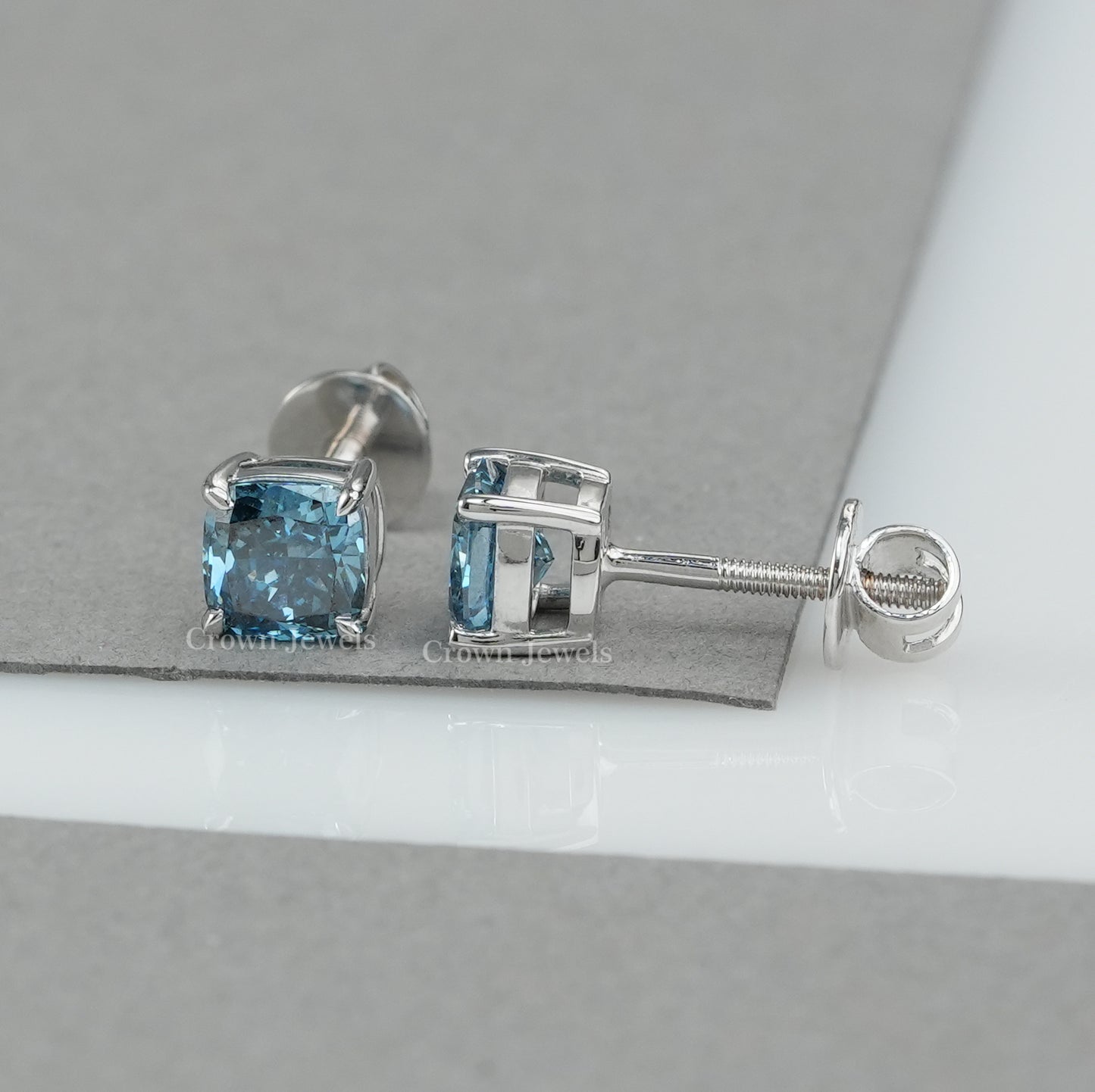 Blue Cushion Cut Lab Diamond Stud Earrings