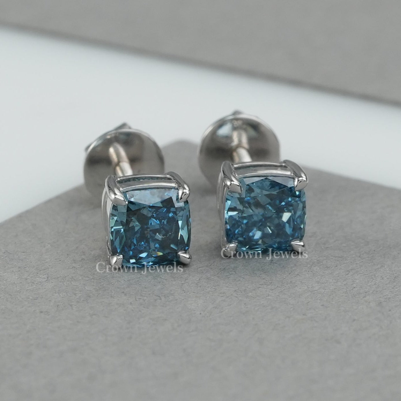 Blue Cushion Cut Lab Diamond Stud Earrings