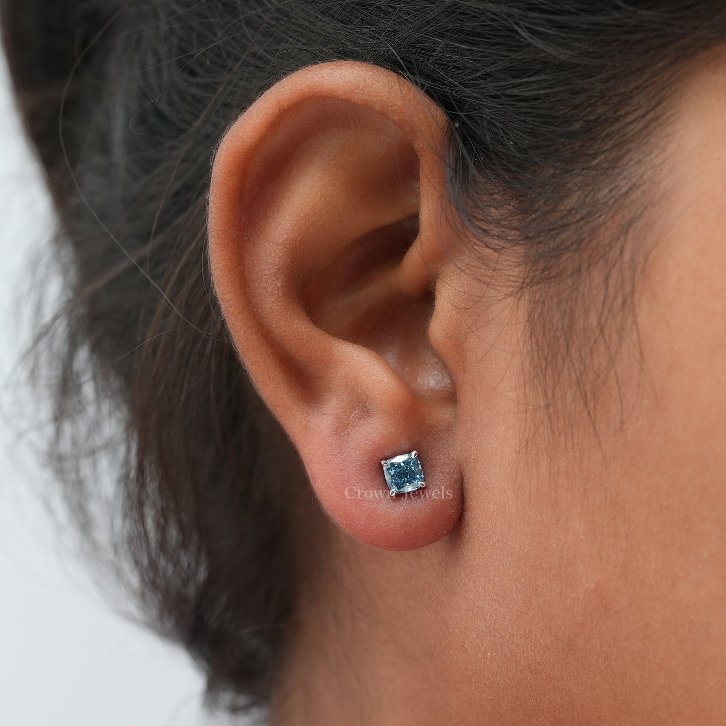 Blue Cushion Cut Lab Diamond Stud Earrings