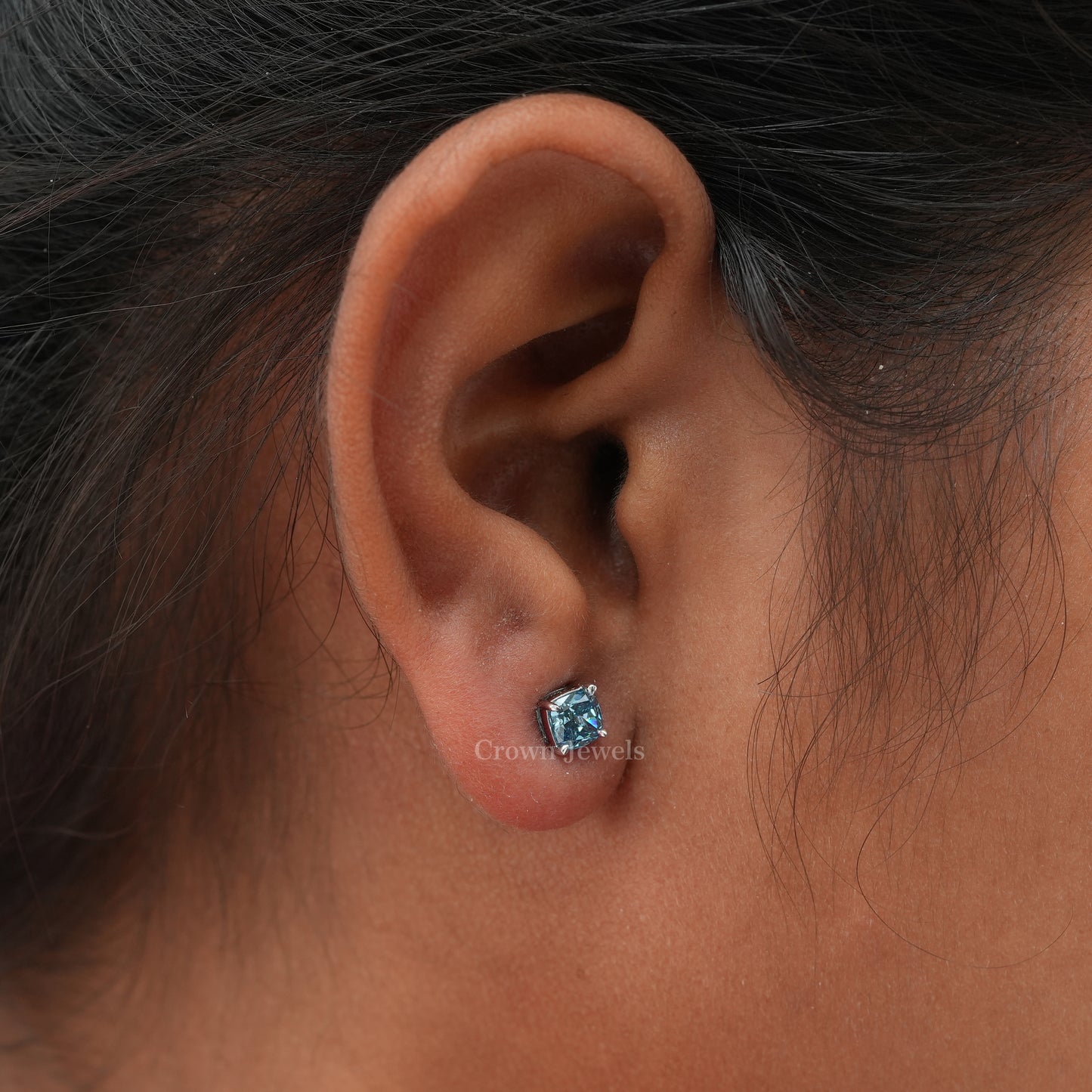 Blue Cushion Cut Lab Diamond Stud Earrings