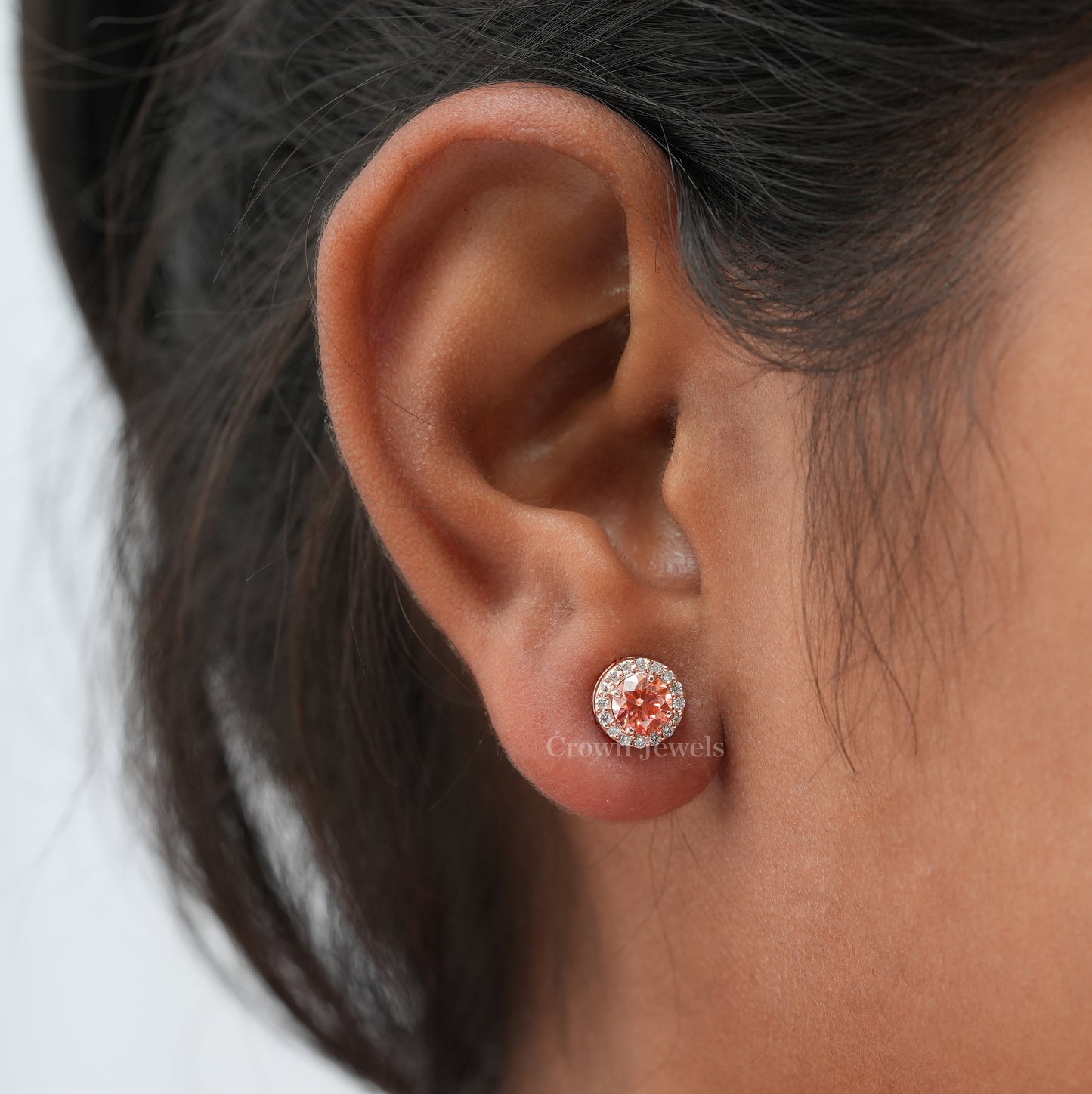 Pink Round Diamond Halo Stud Earrings
