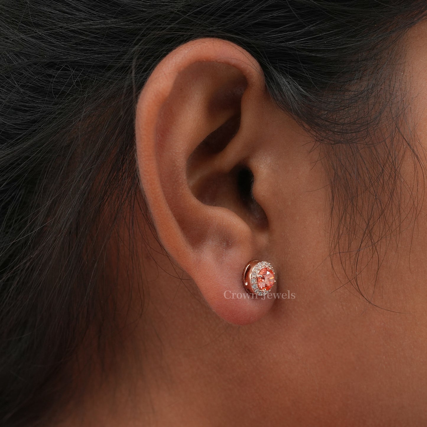 Pink Round Diamond Halo Stud Earrings