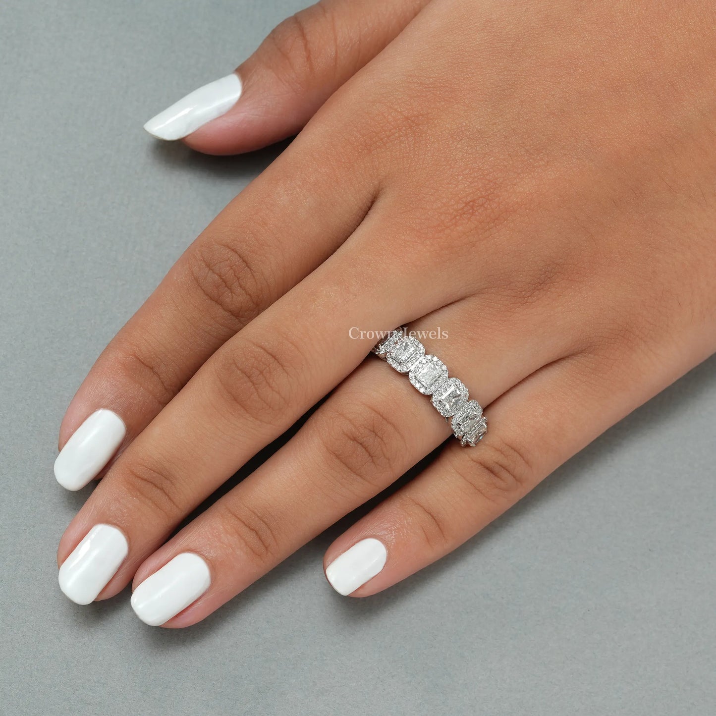 Radiant Cut Halo Diamond Half Eternity Band