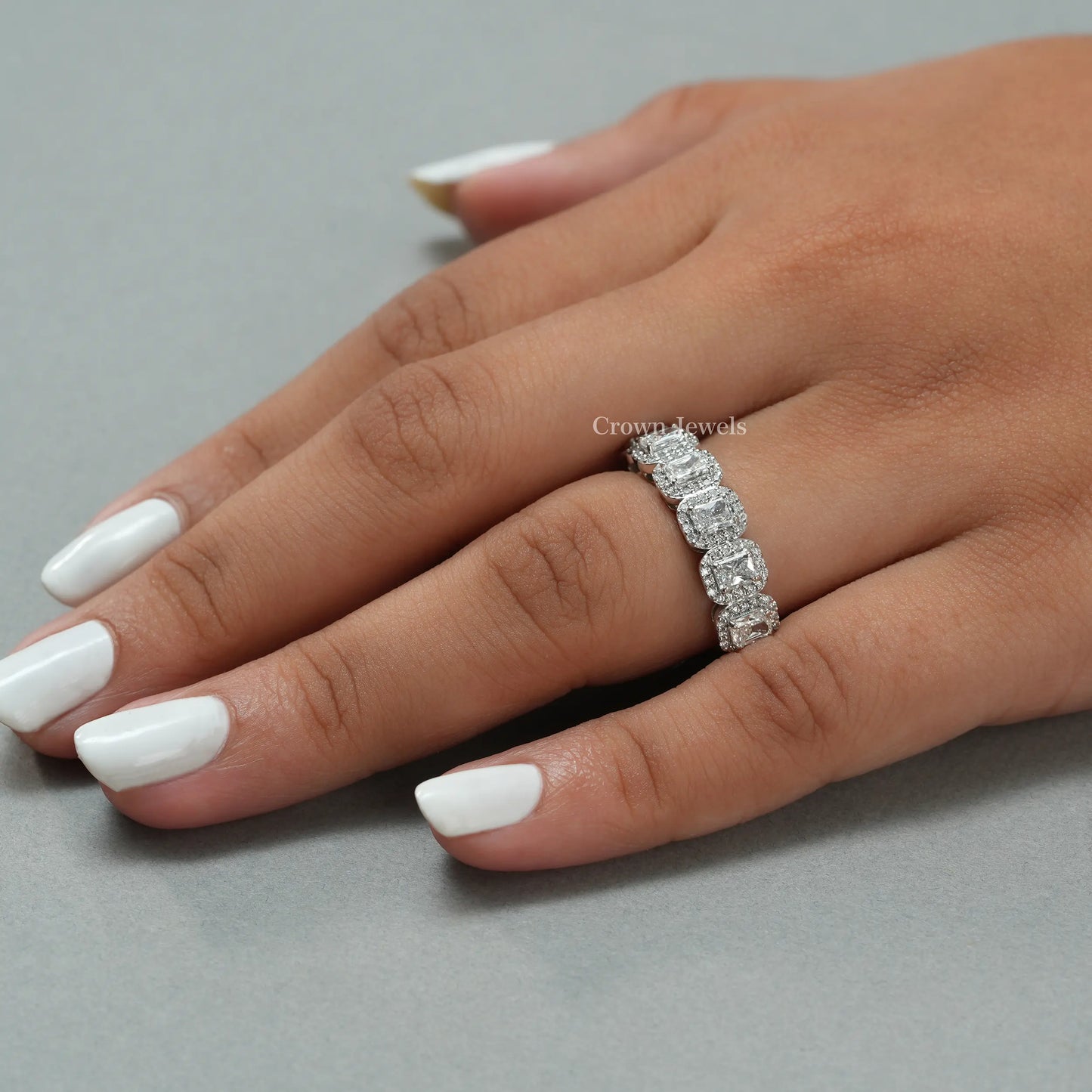 Radiant Cut Halo Diamond Half Eternity Band