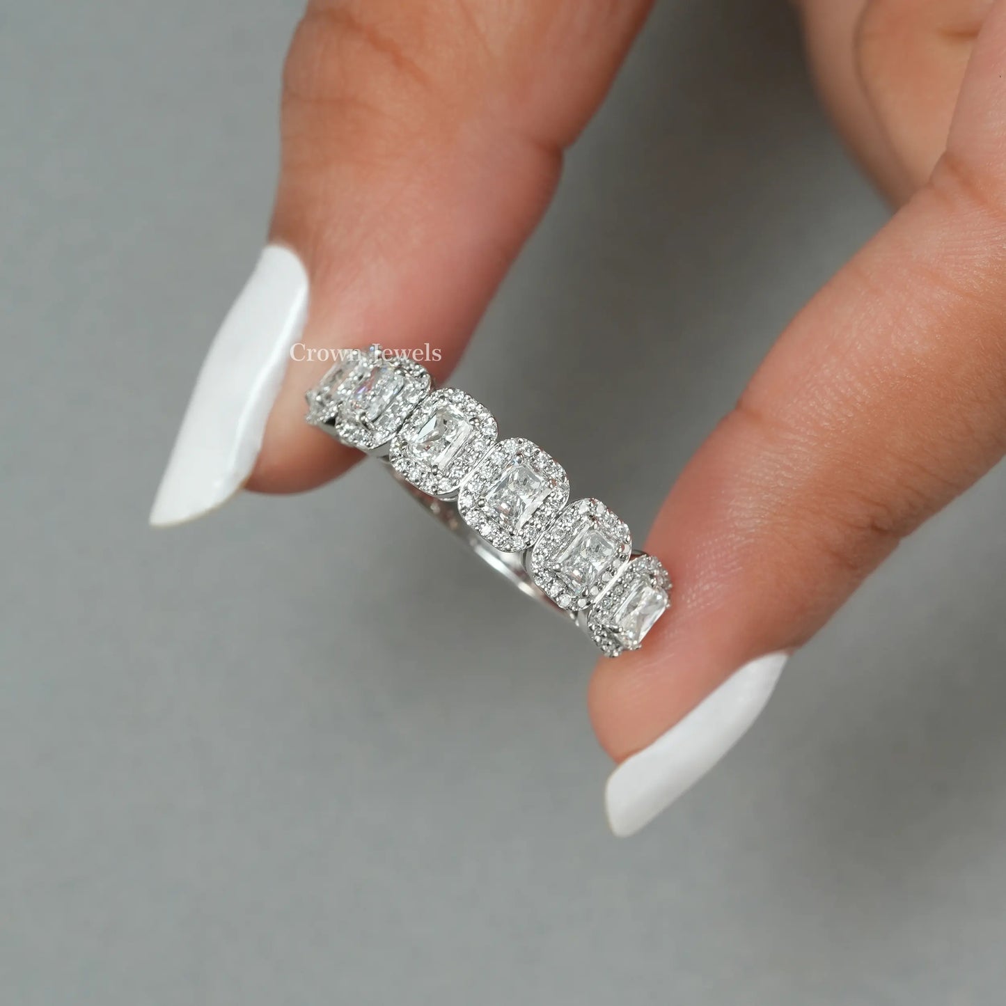 Radiant Cut Halo Diamond Half Eternity Band