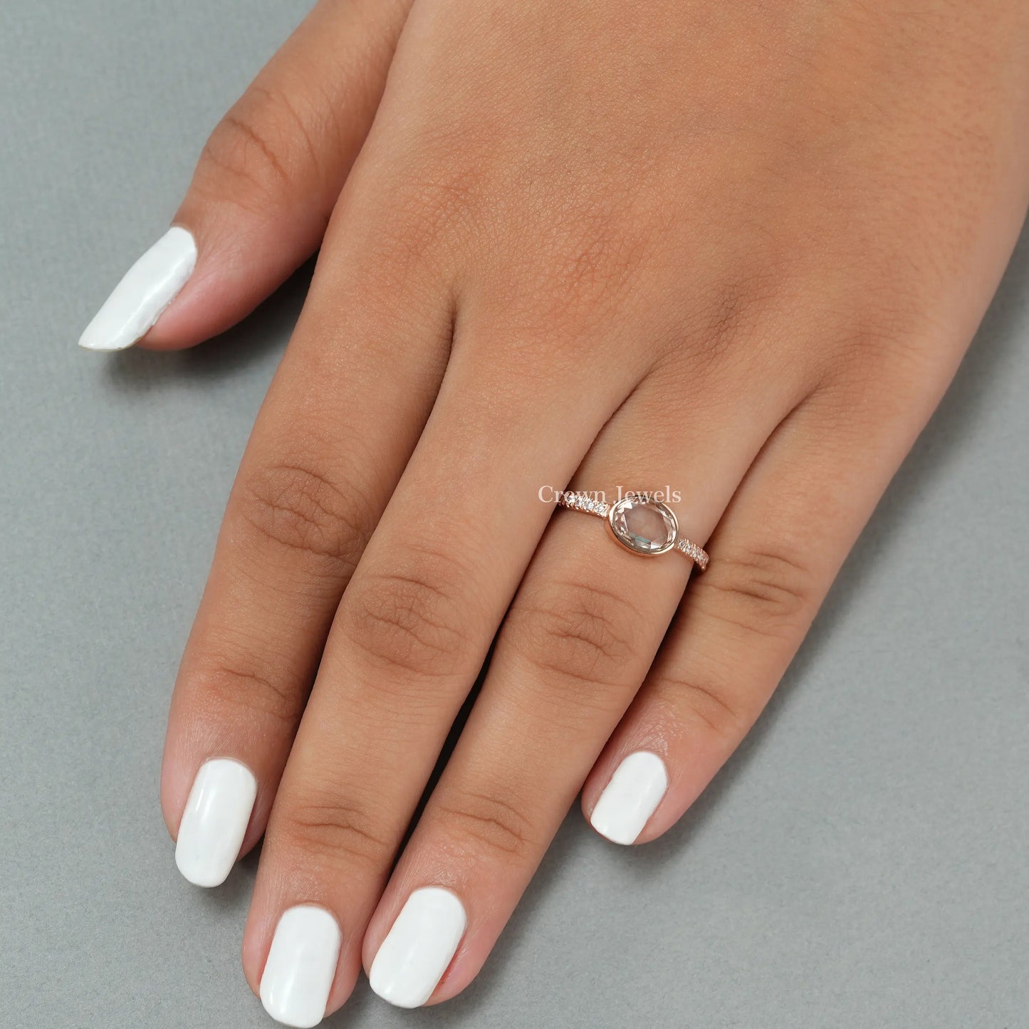Pink Rose Cut Oval Diamond Solitaire Accent Ring