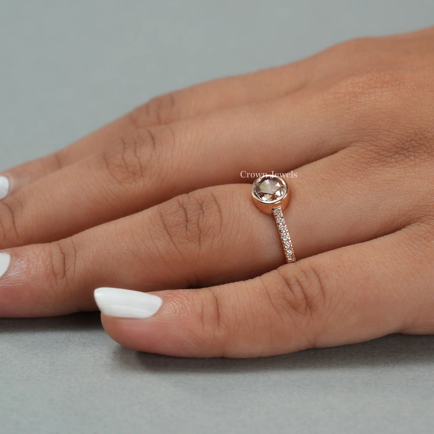 Pink Rose Cut Oval Diamond Solitaire Accent Ring