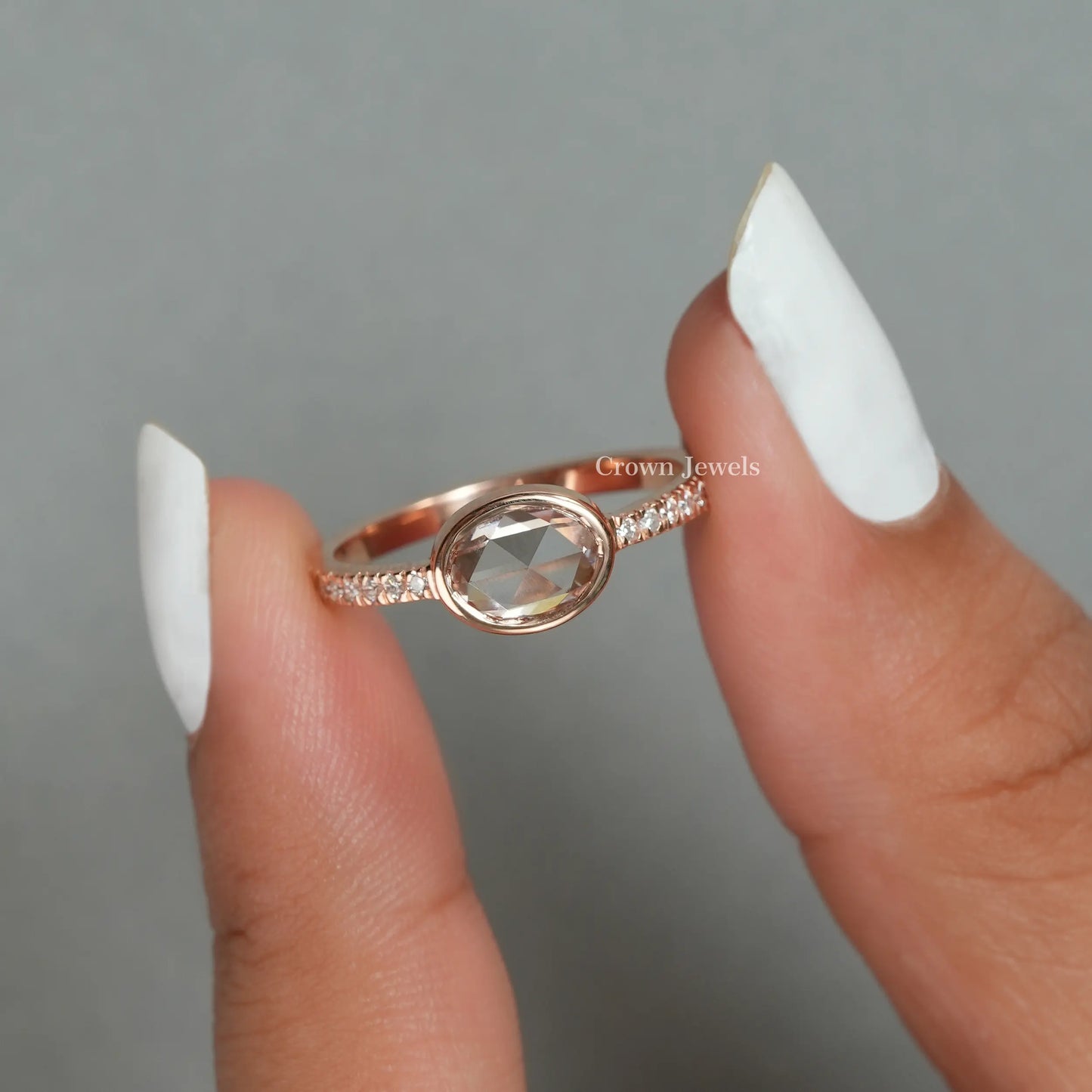 Pink Rose Cut Oval Diamond Solitaire Accent Ring