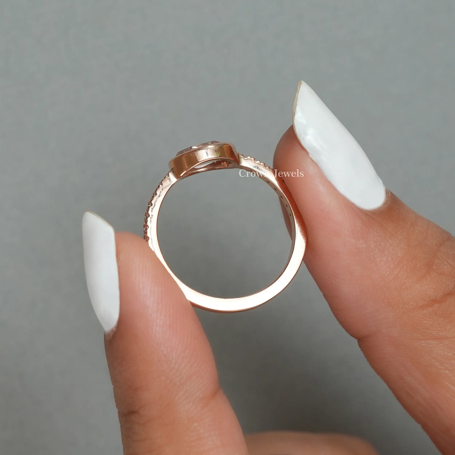 Pink Rose Cut Oval Diamond Solitaire Accent Ring