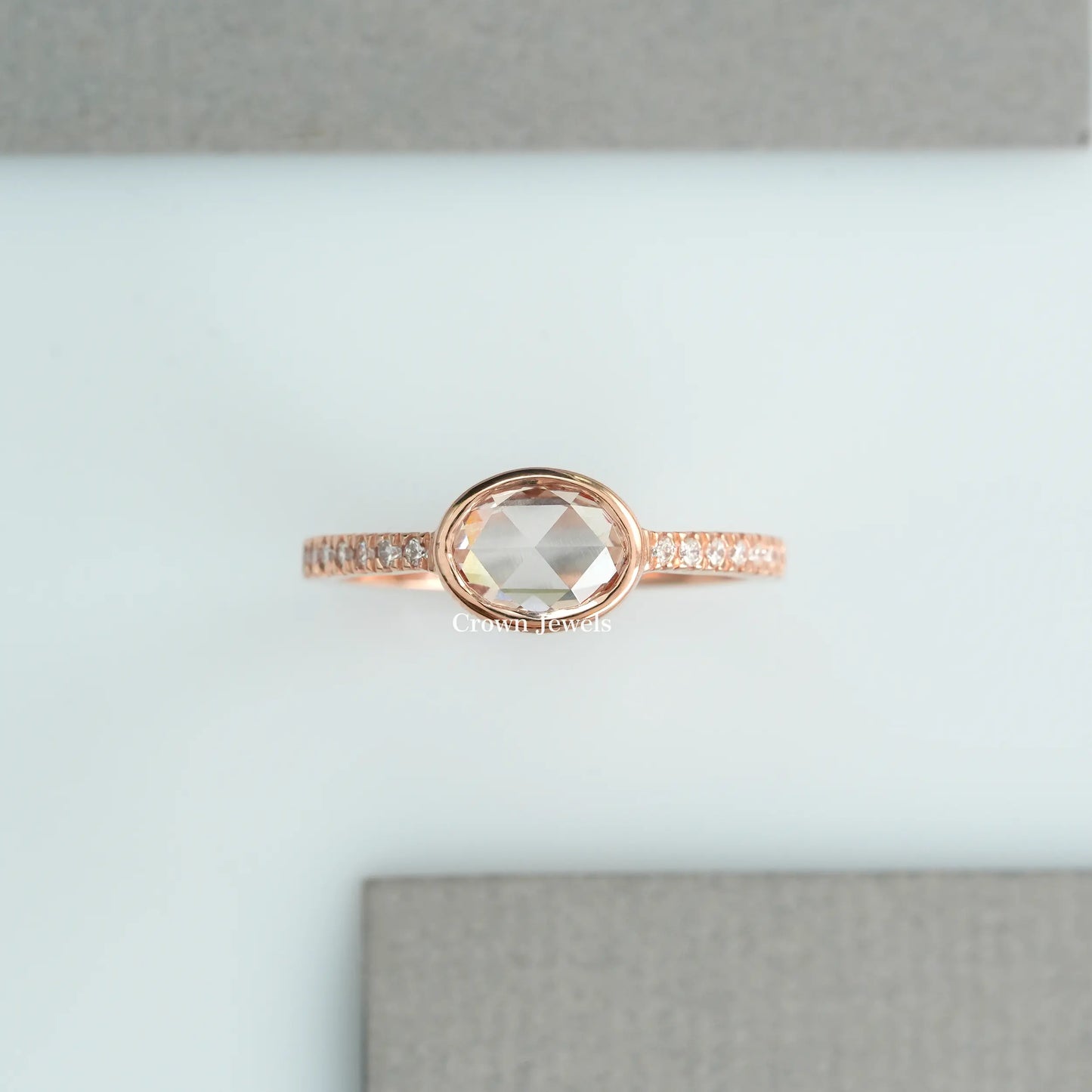 Pink Rose Cut Oval Diamond Solitaire Accent Ring