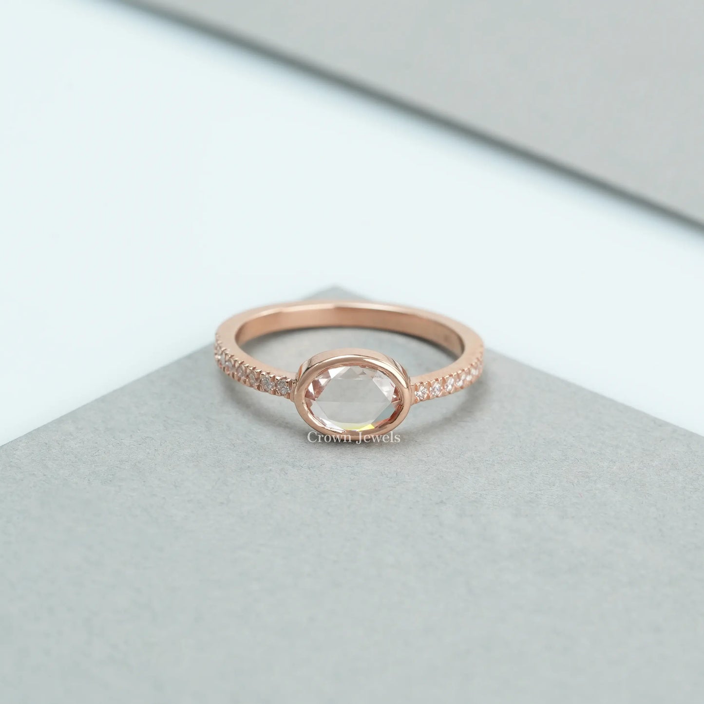 Pink Rose Cut Oval Diamond Solitaire Accent Ring