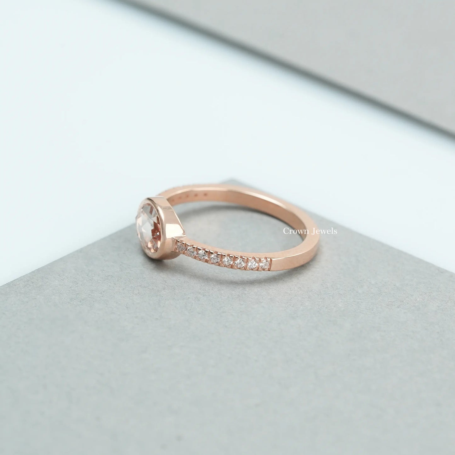 Pink Rose Cut Oval Diamond Solitaire Accent Ring