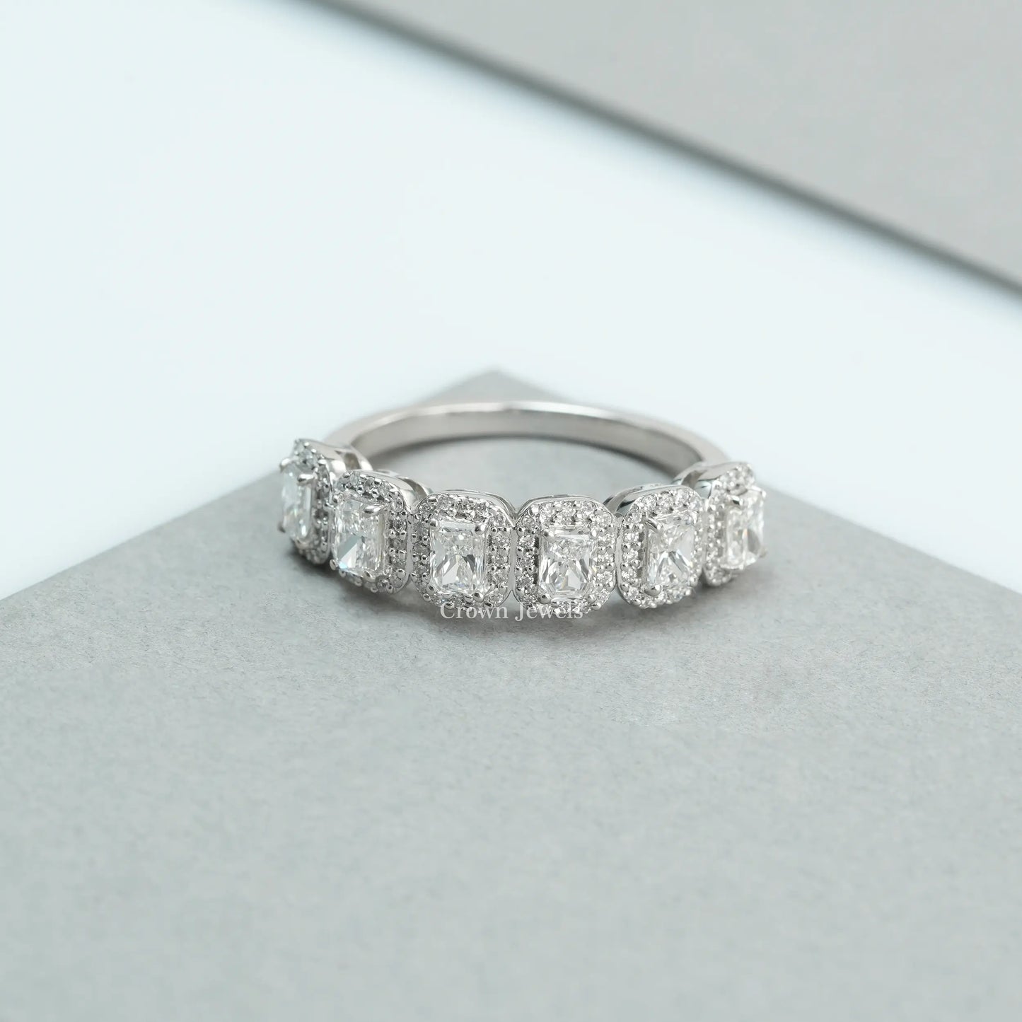 Radiant Cut Halo Diamond Half Eternity Band