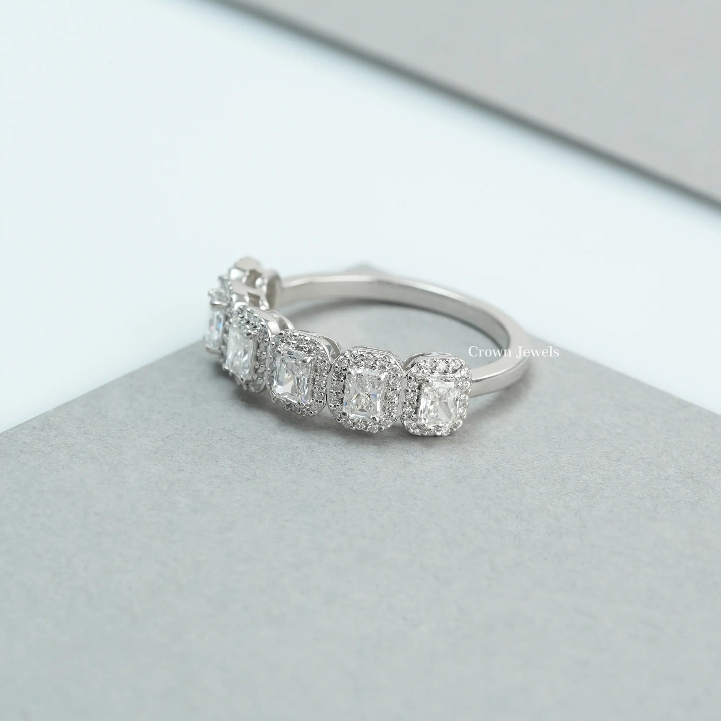 Radiant Cut Halo Diamond Half Eternity Band