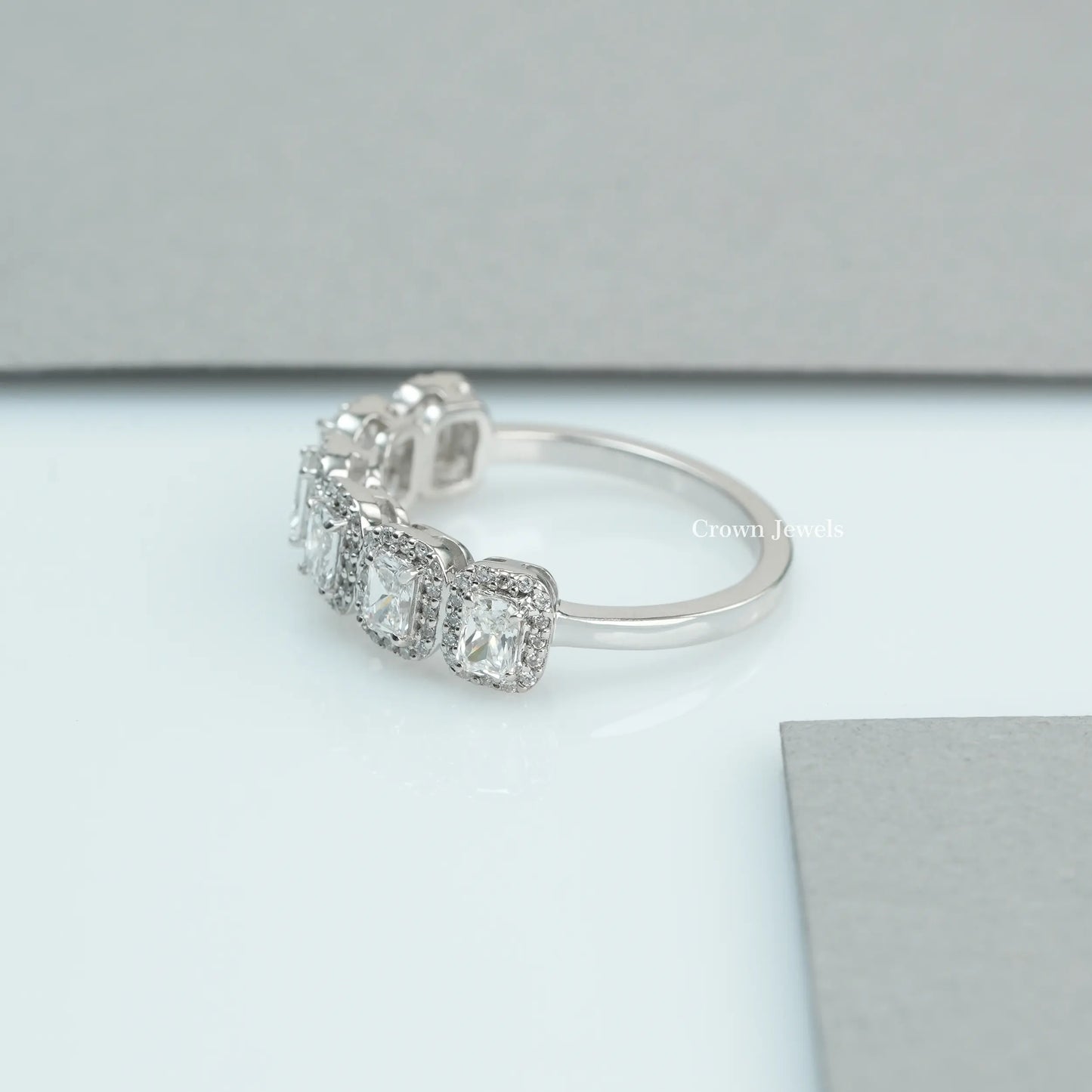 Radiant Cut Halo Diamond Half Eternity Band