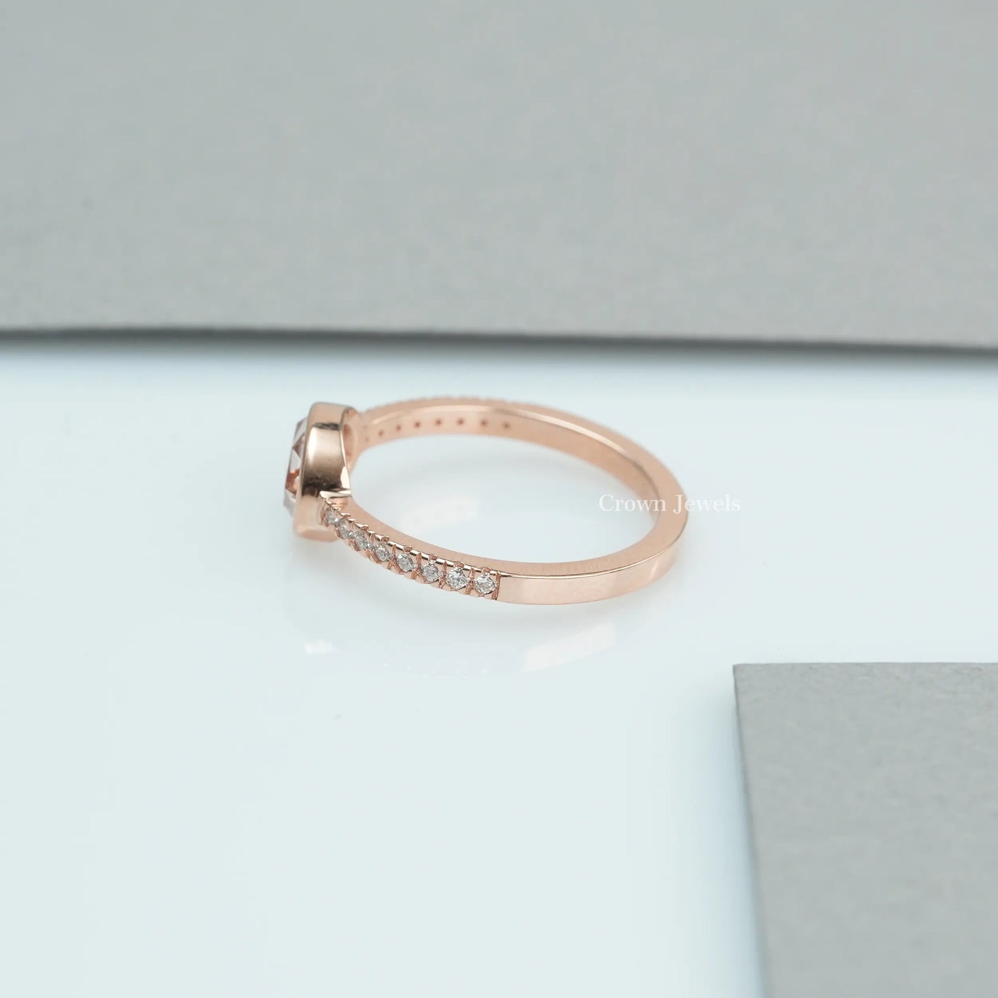Pink Rose Cut Oval Diamond Solitaire Accent Ring