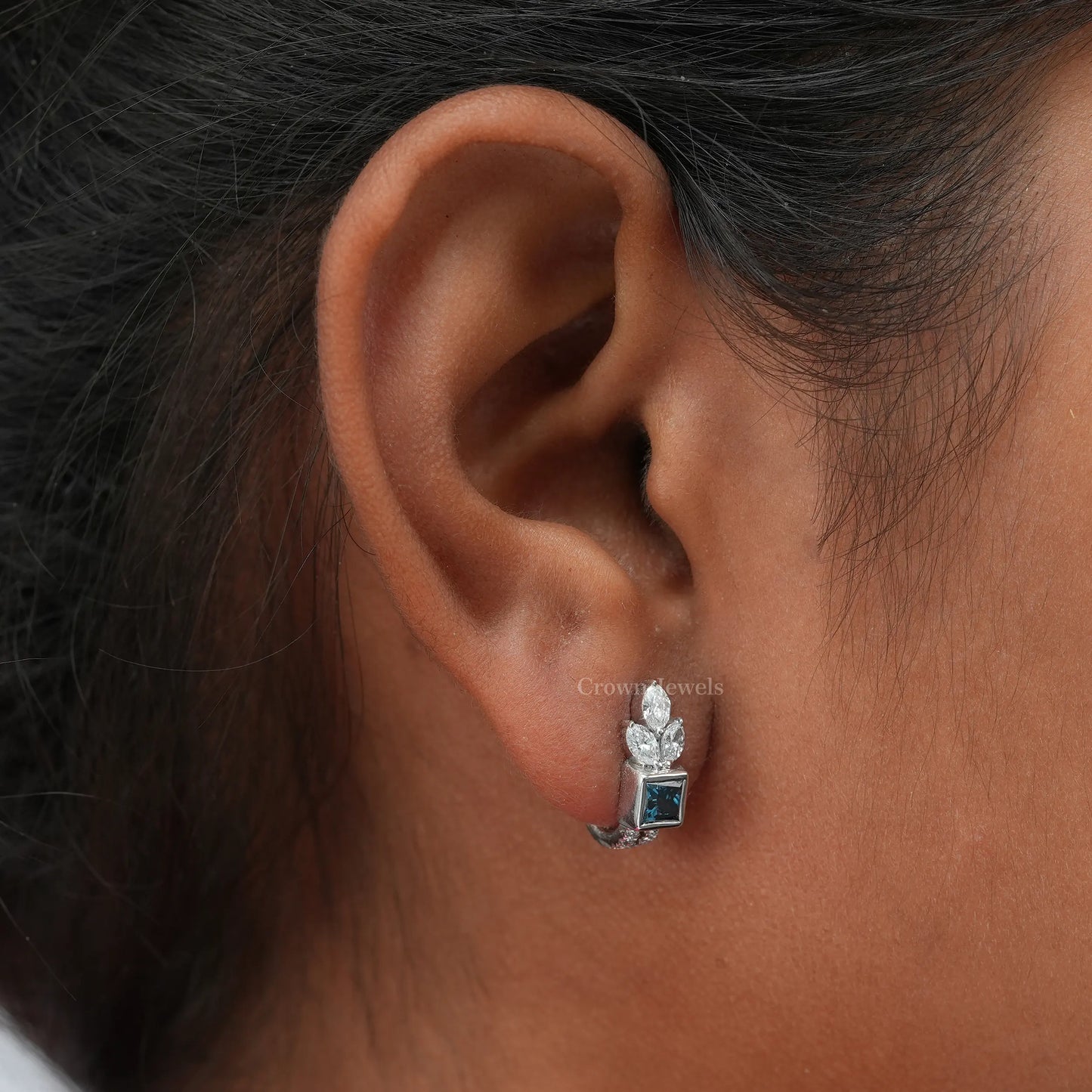 Blue Princess Cut Diamond Hoop Earrings