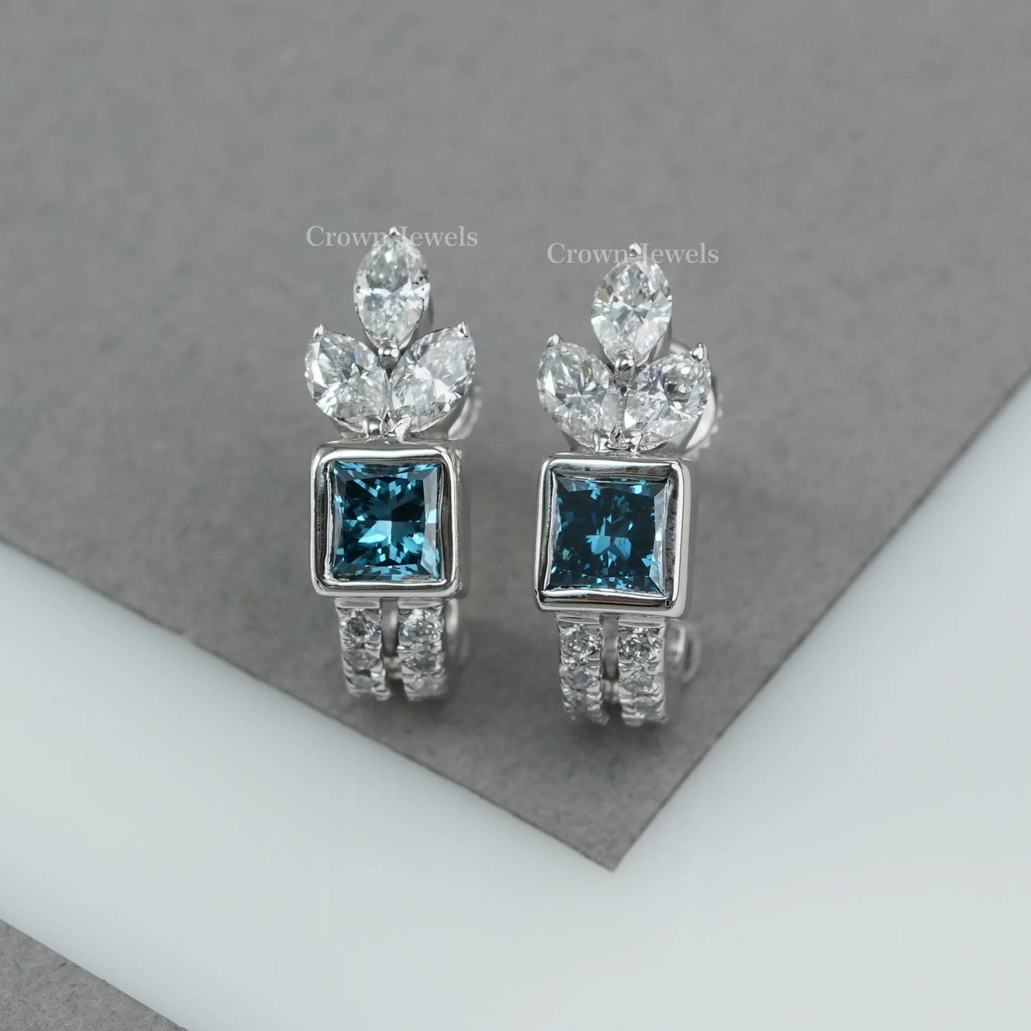 Blue Princess Cut Diamond Hoop Earrings