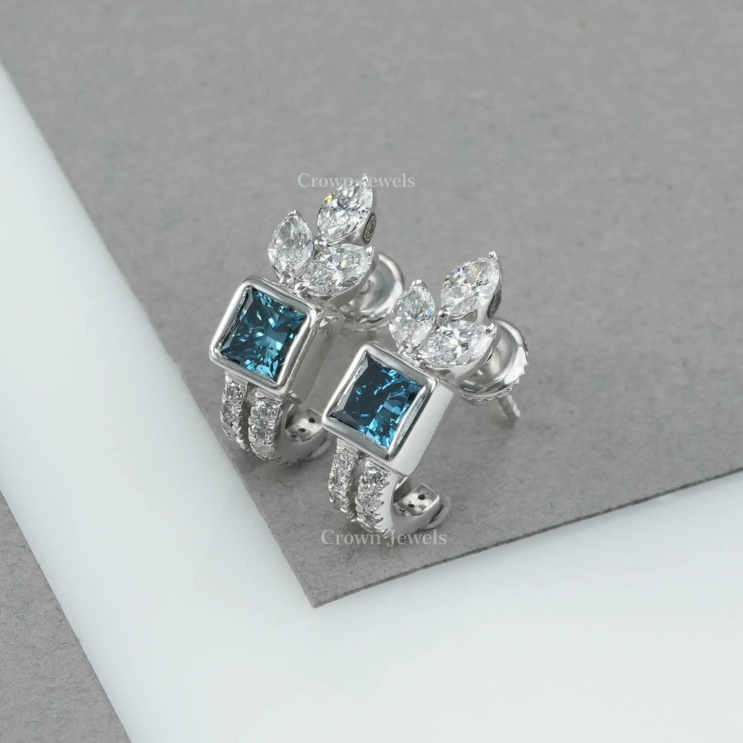 Blue Princess Cut Diamond Hoop Earrings