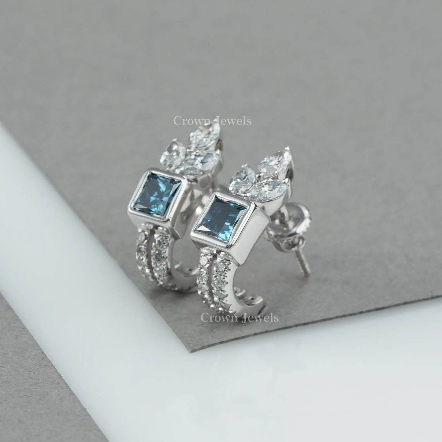 Blue Princess Cut Diamond Hoop Earrings